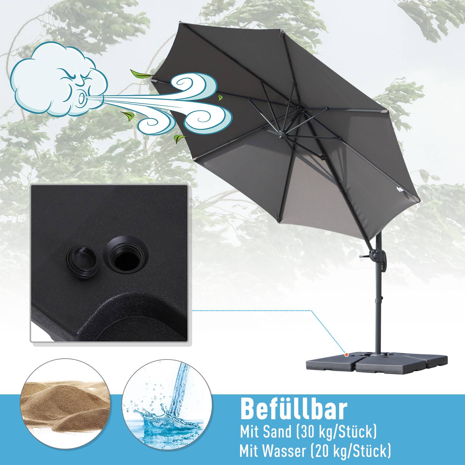 4 poids de parasol, pied remplissable sable/eau, plastique HDPE, noir, 51x51x12 cm, jusqu'à 130 kg - Image 6