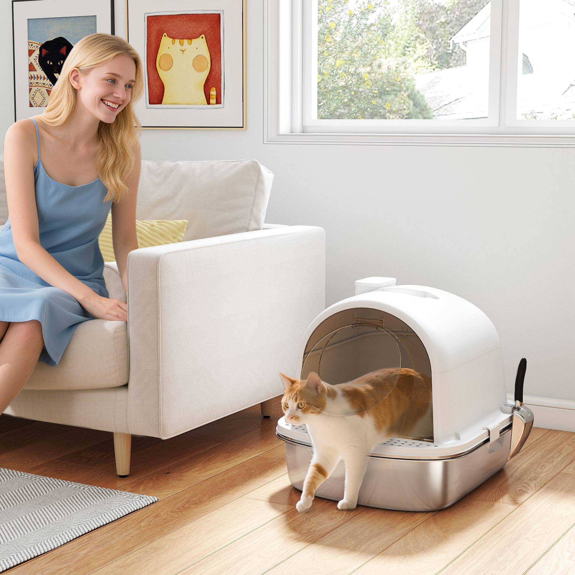 Bac à litière blanc en inox 52,4x41,3x39,9 cm avec couvercle, sac désodorisant et pelle, accessoire design sobre pour chat pratique et hygiénique - Image 4