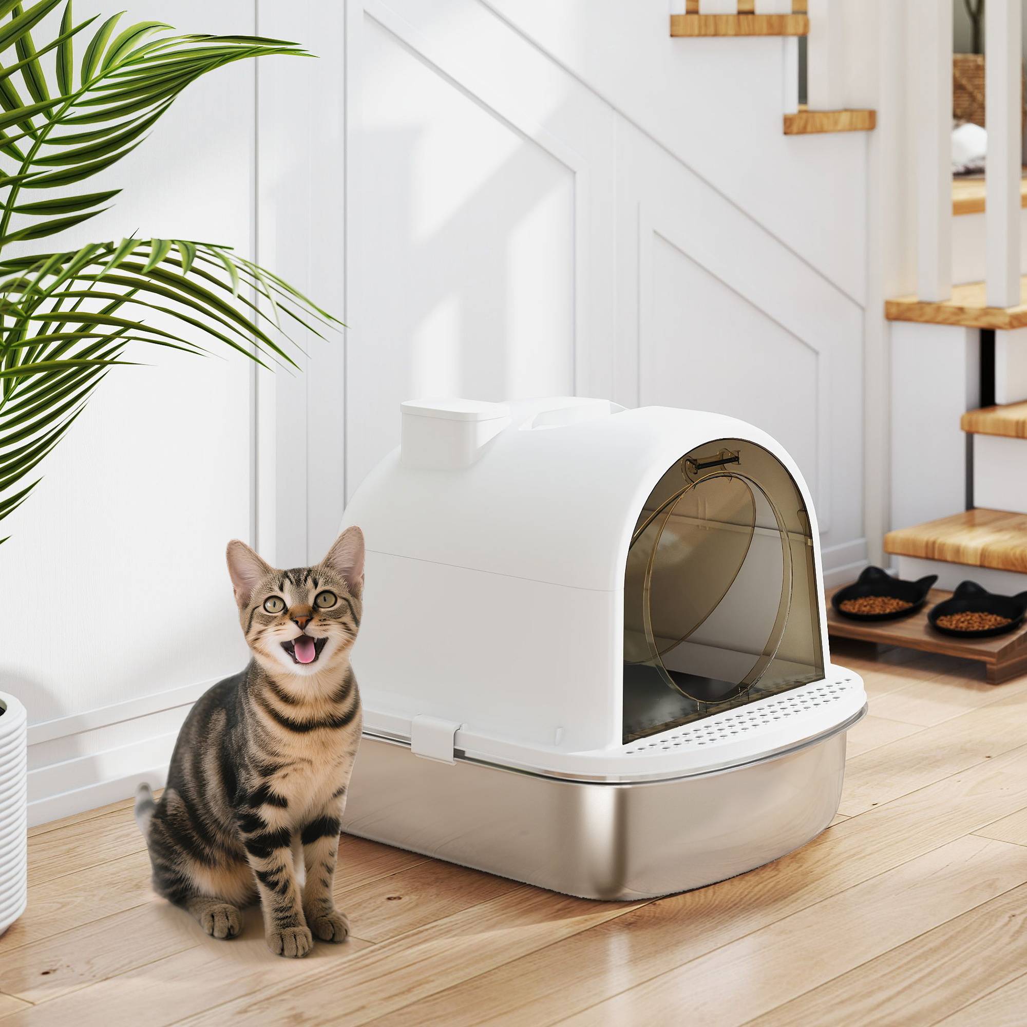 Bac à litière blanc en inox 52,4x41,3x39,9 cm avec couvercle, sac désodorisant et pelle, accessoire design sobre pour chat pratique et hygiénique - Image 3