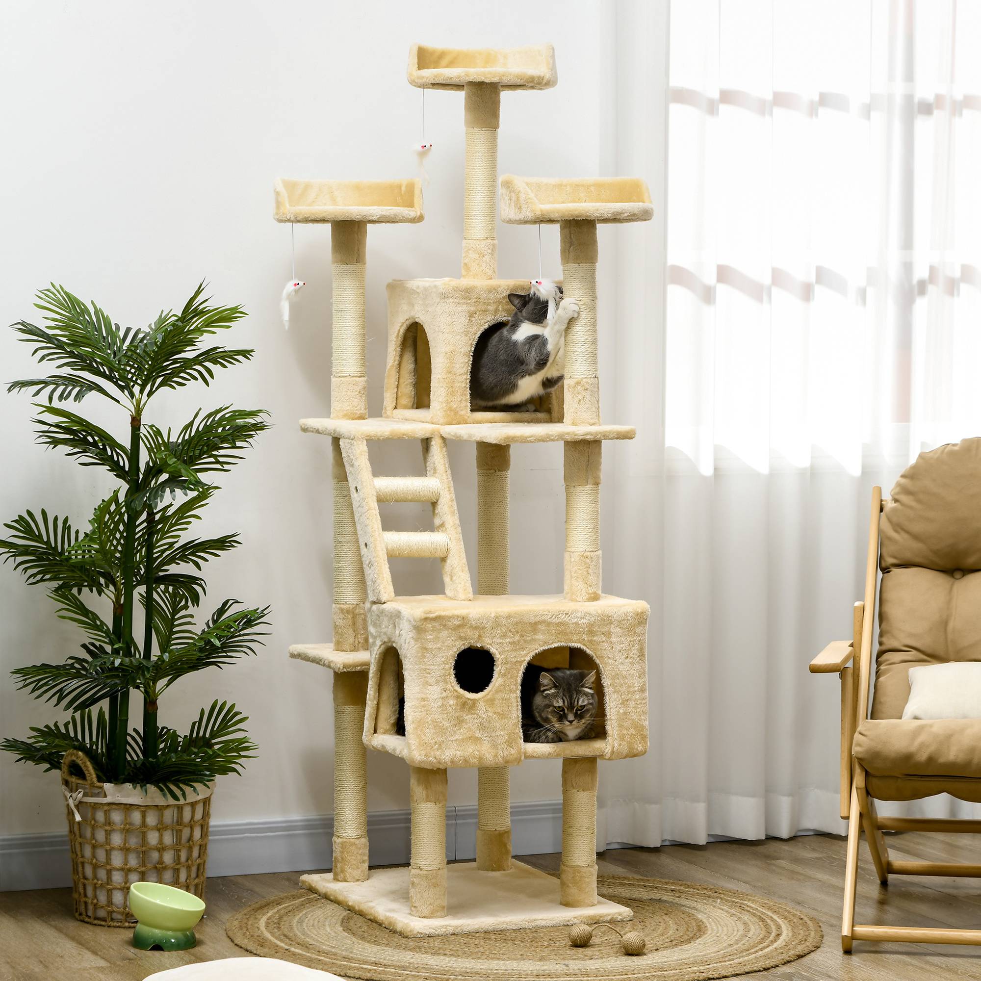 Arbre à chat beige géant 60x50x181 cm, plateformes multiples, échelles, niches, jouets, centre d'activités - Image 3