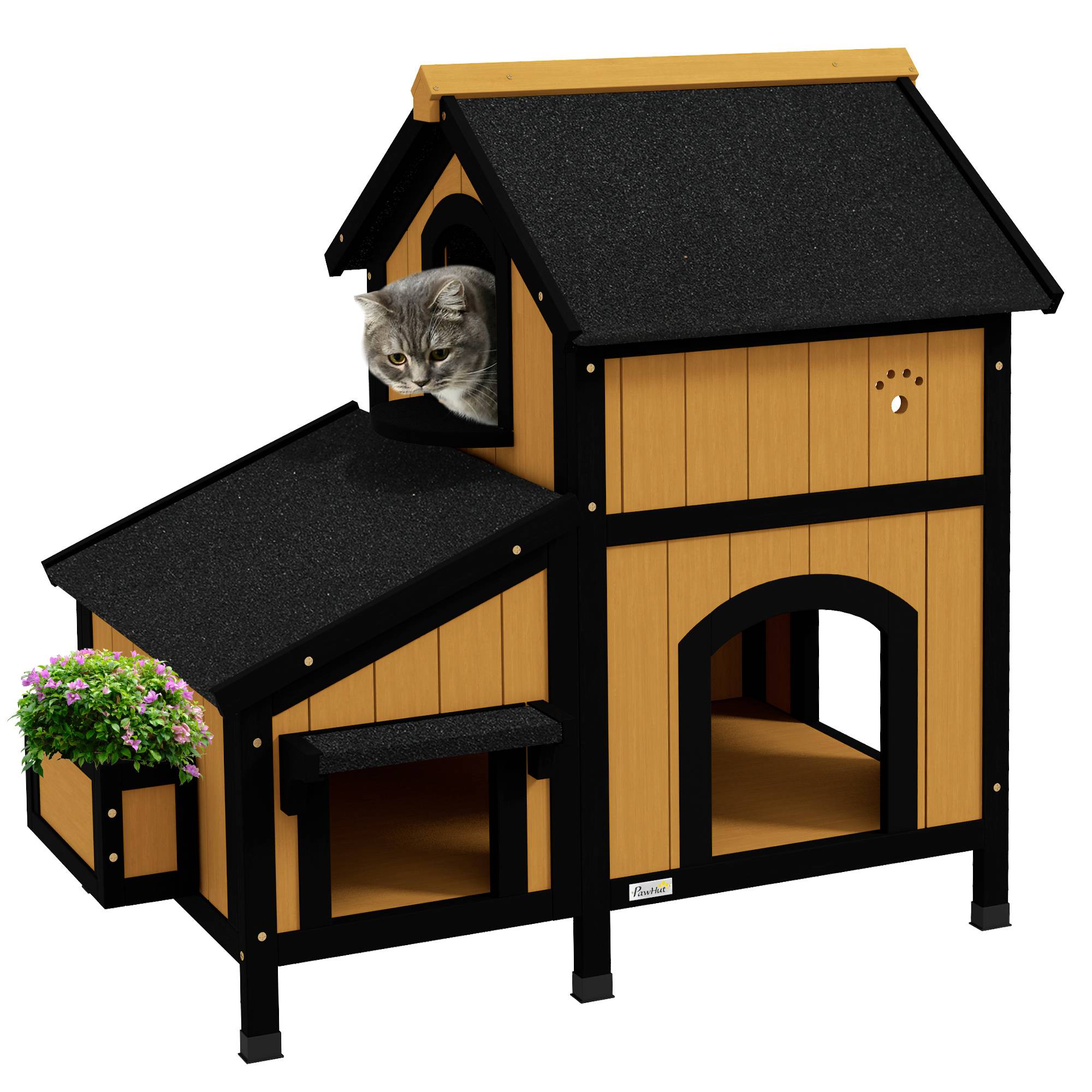 Niche extérieure en bois pour chat, abri à deux niveaux, 96 x 65 x 85,5 cm, naturel - Image 1