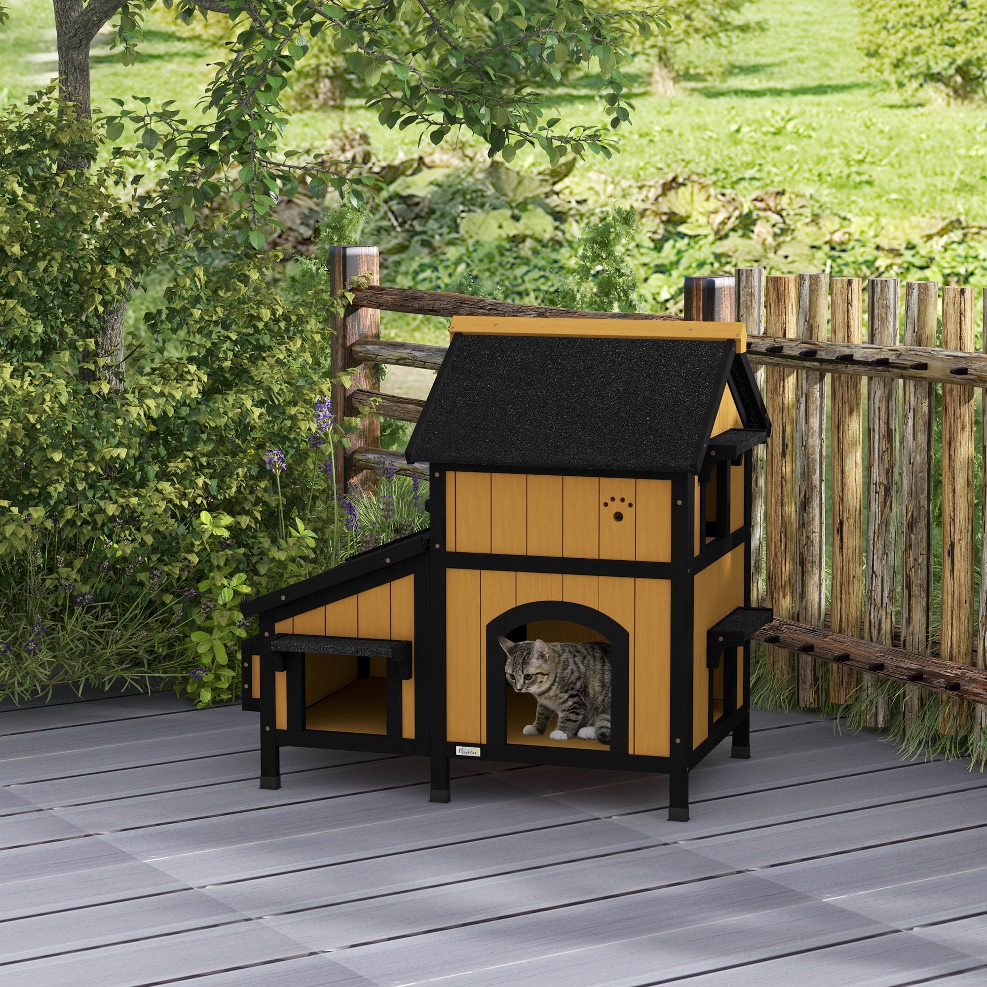 Niche extérieure en bois pour chat, abri à deux niveaux, 96 x 65 x 85,5 cm, naturel - Image 4