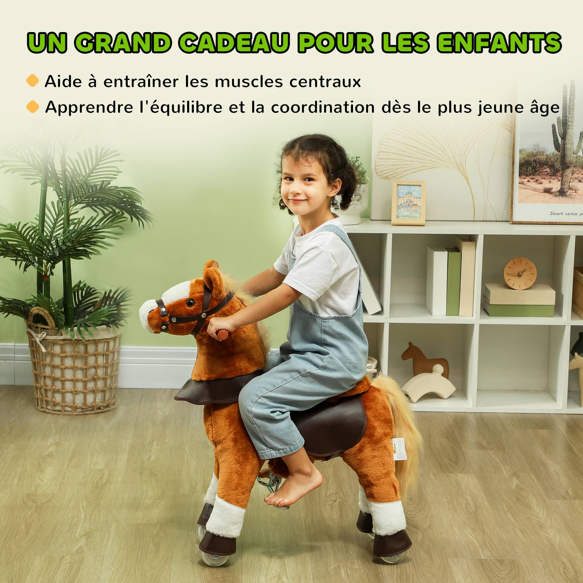 Cheval à monter pour enfant cheval à roulettes selle surélevée pour enfants 3-5 ans charge 60 kg 70 x 28 x 70 cm marron - Image 9