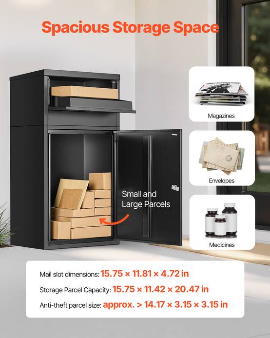 VEVOR Boîte à colis 500x325x909mm acier galvanisé, verrouillable, antivol, résistante intempéries, extérieur, noir. - Image 4