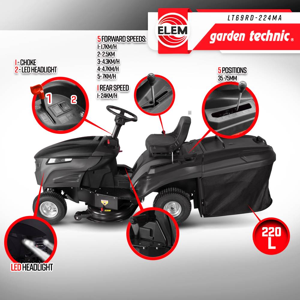 Elem Garden Technic - Tracteur tondeuse 224cc - largeur de coupe 68.5cm - Elem Garden - Image 3