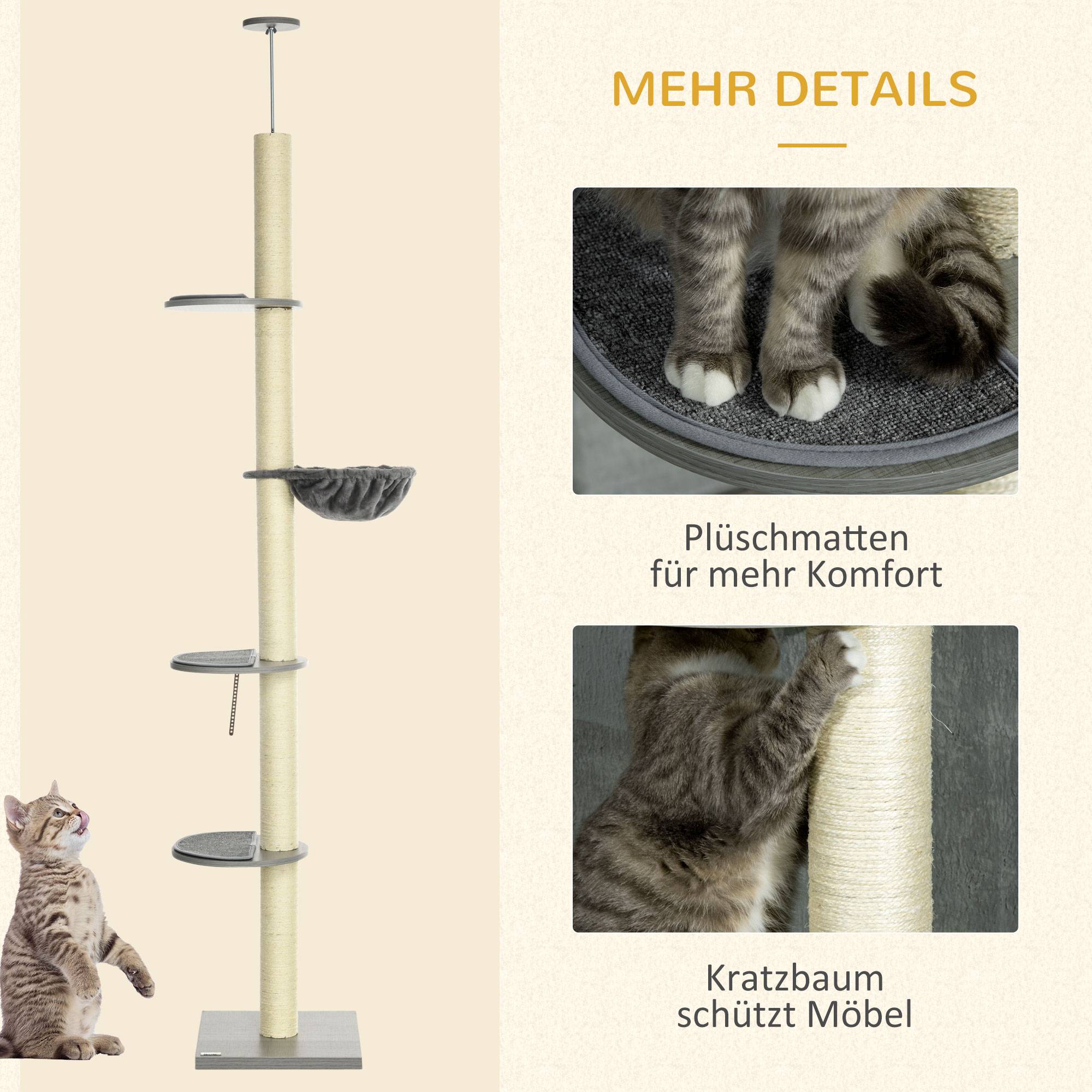 Sans Marque - Arbre à chat PawHut hamac tendeur plafond hauteur 40 x 40 x 250 cm gris blanc crème - Image 8