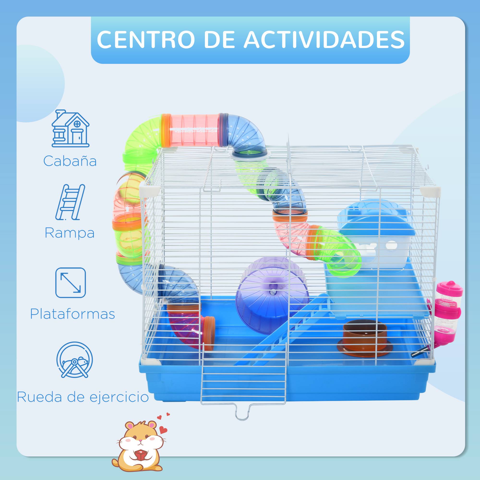 Cage hamster 46x30x37cm tubes mangeoire abreuvoir rampe roue poignée portable, intérieur extérieur, bleu blanc - Image 6