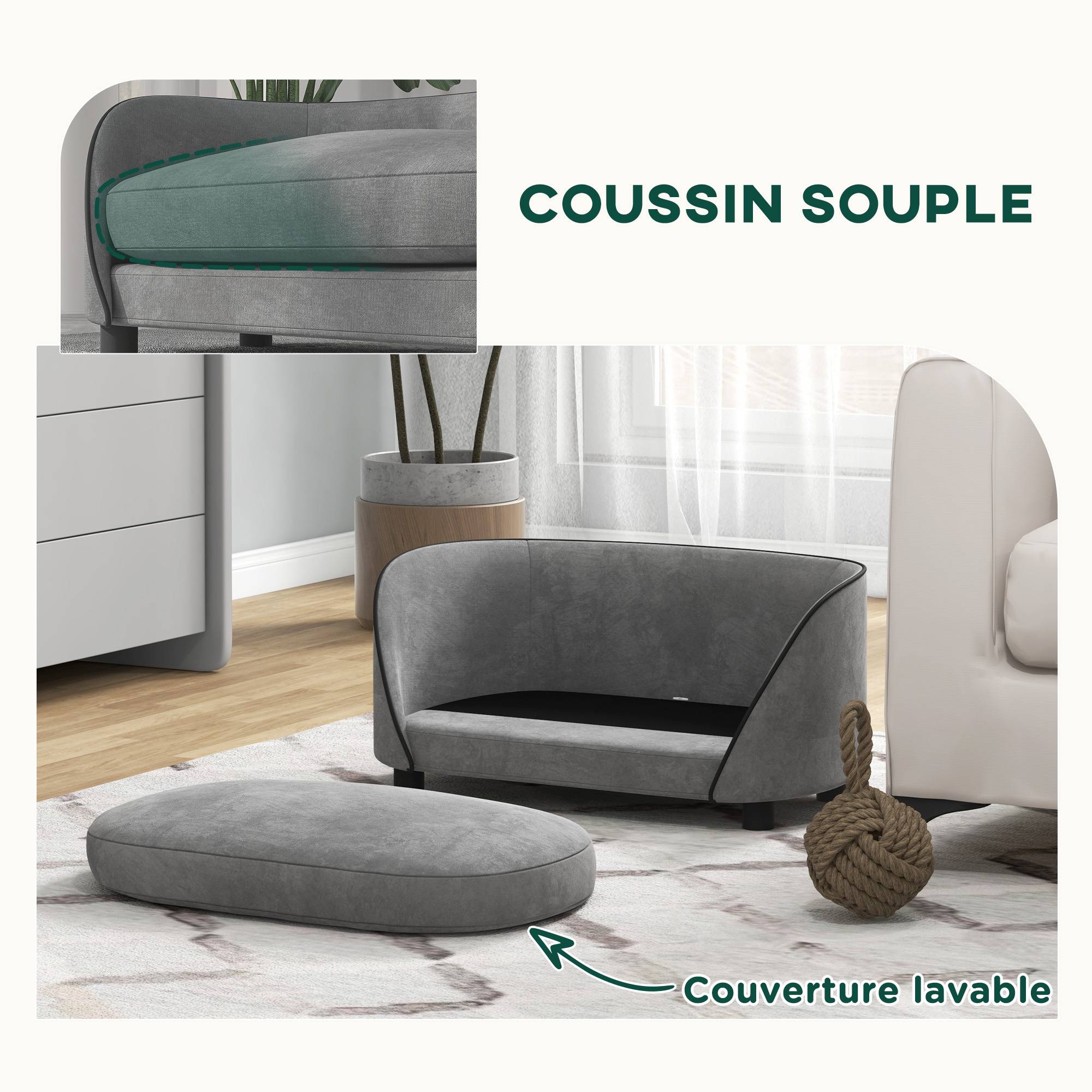 Canapé pour chien avec coussin doux housse amovible et lavable revêtement en velours néerlandais gris - Image 7