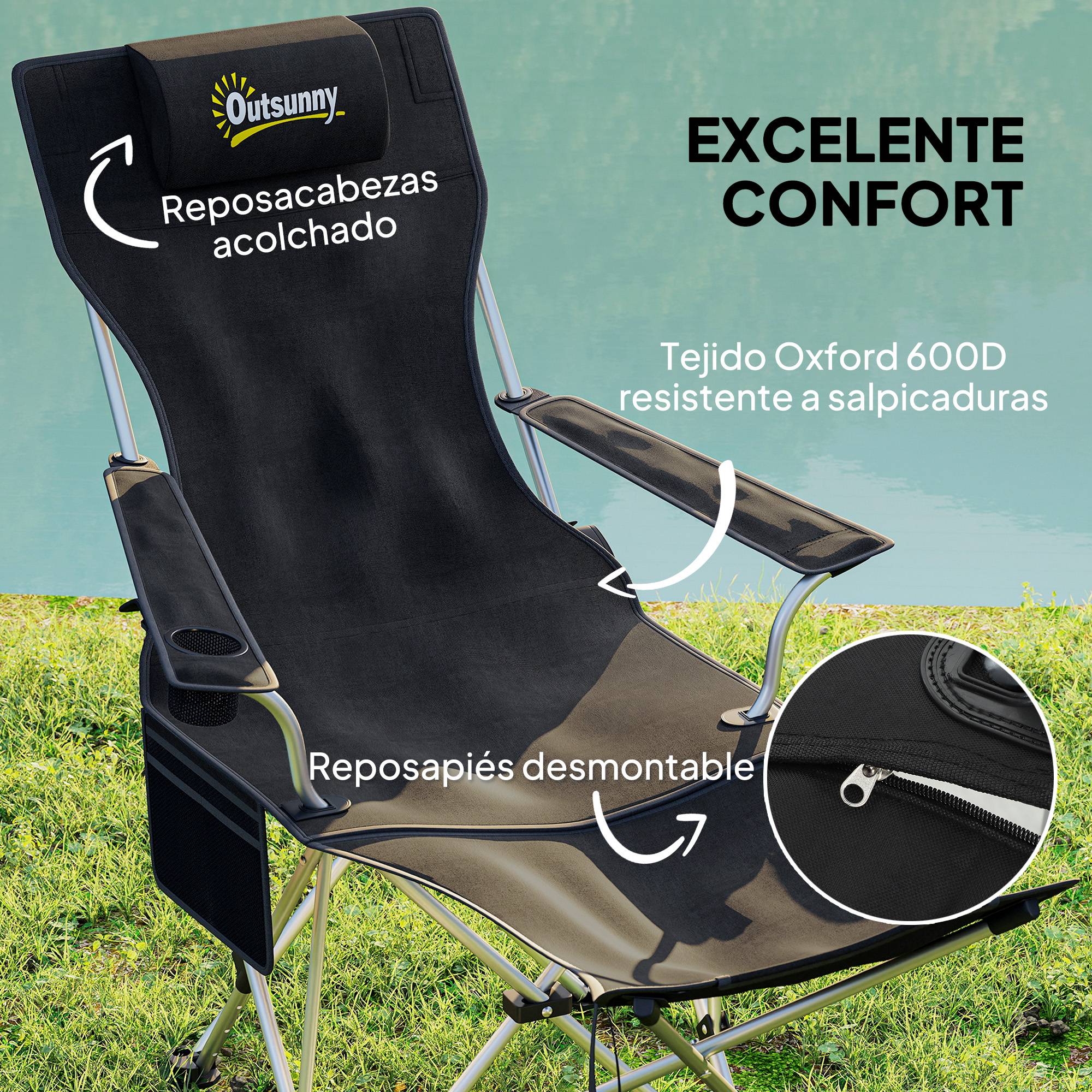 Lot de 2 chaises de camping pliantes avec repose-pieds, appui-tête, porte-gobelet et sac de rangement amovibles, 125 x 48 x 90 cm, noires - Image 6