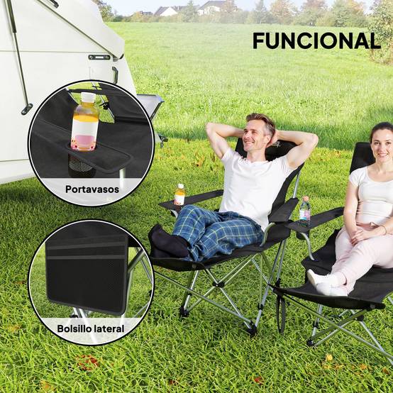 Lot de 2 chaises de camping pliantes avec repose-pieds, appui-tête, porte-gobelet et sac de rangement amovibles, 125 x 48 x 90 cm, noires - Image 7