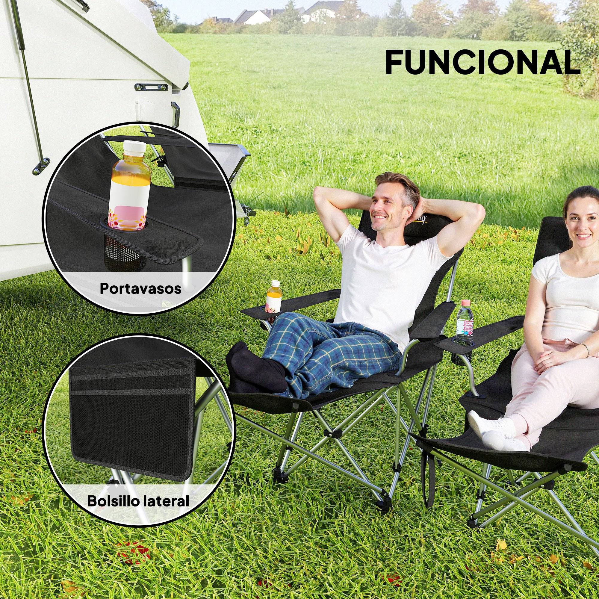 Lot de 2 chaises de camping pliantes avec repose-pieds, appui-tête, porte-gobelet et sac de rangement amovibles, 125 x 48 x 90 cm, noires - Image 7