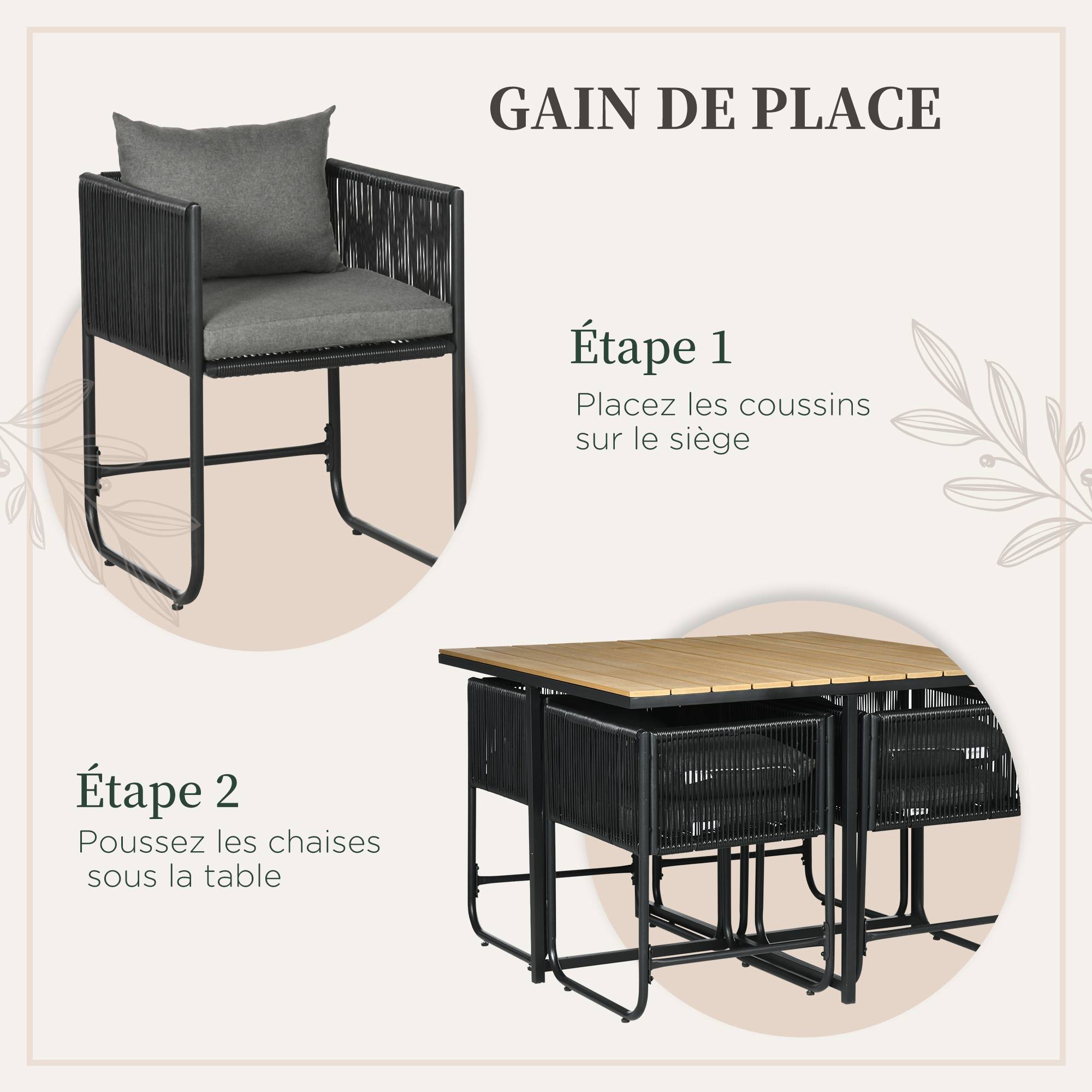 Outsunny - Ensemble jardin 5 pièces (1 table + 4 fauteuils) contemporain avec 8 coussins plateau composite aspect bois naturel - Outsunny - Image 6
