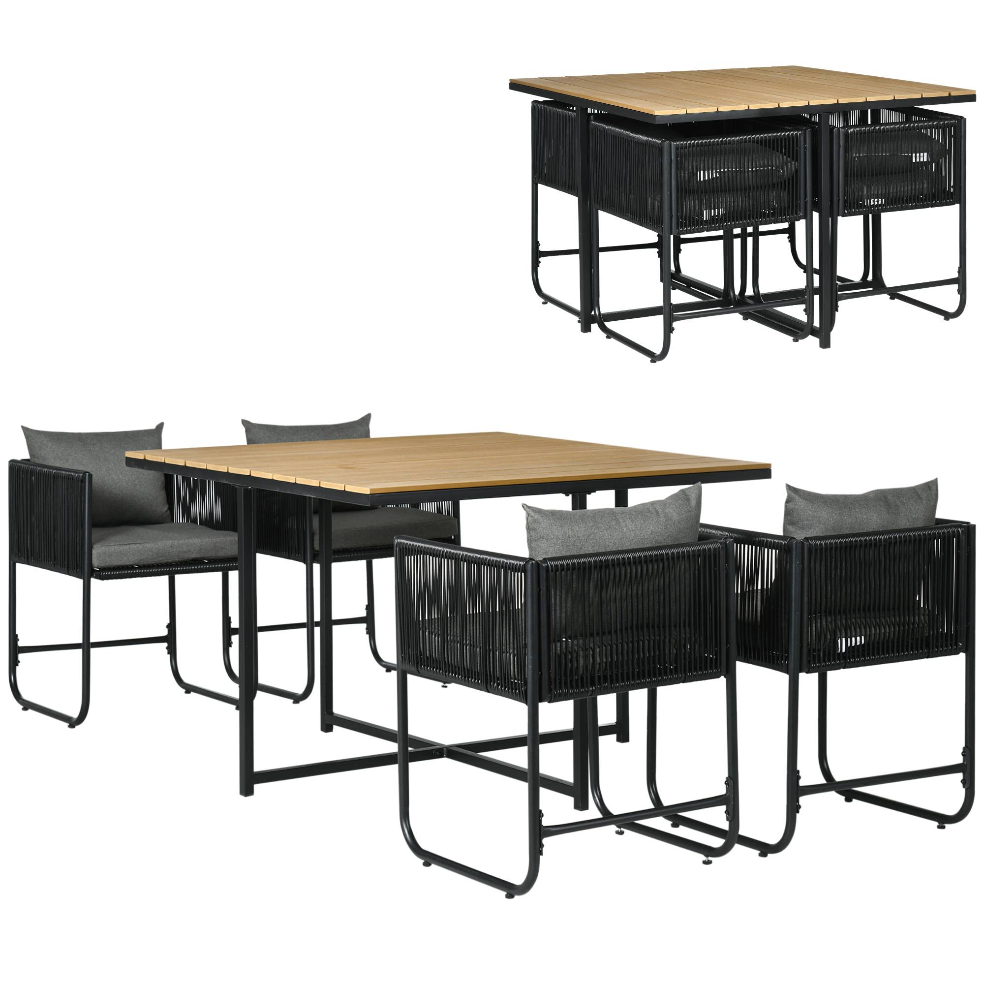 Outsunny - Ensemble jardin 5 pièces (1 table + 4 fauteuils) contemporain avec 8 coussins plateau composite aspect bois naturel - Outsunny - Image 1