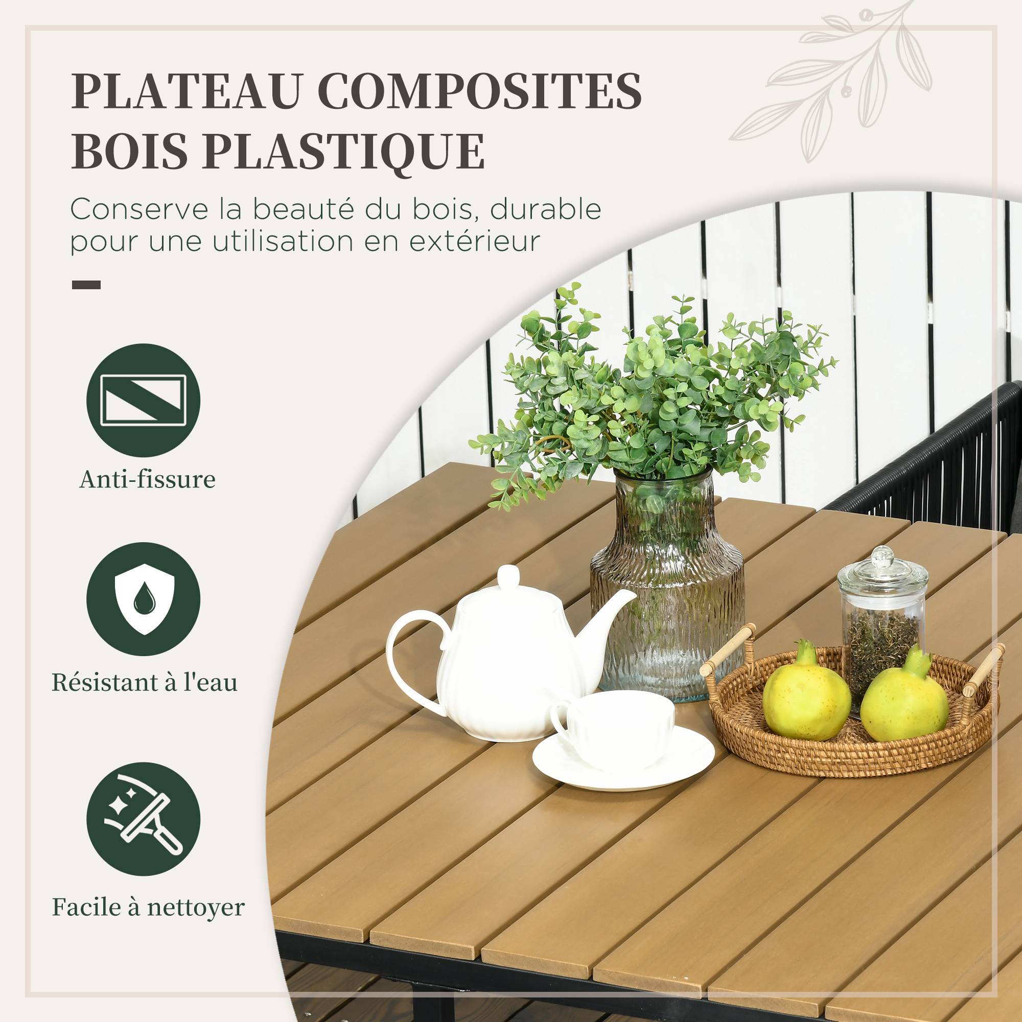 Outsunny - Ensemble jardin 5 pièces (1 table + 4 fauteuils) contemporain avec 8 coussins plateau composite aspect bois naturel - Outsunny - Image 5