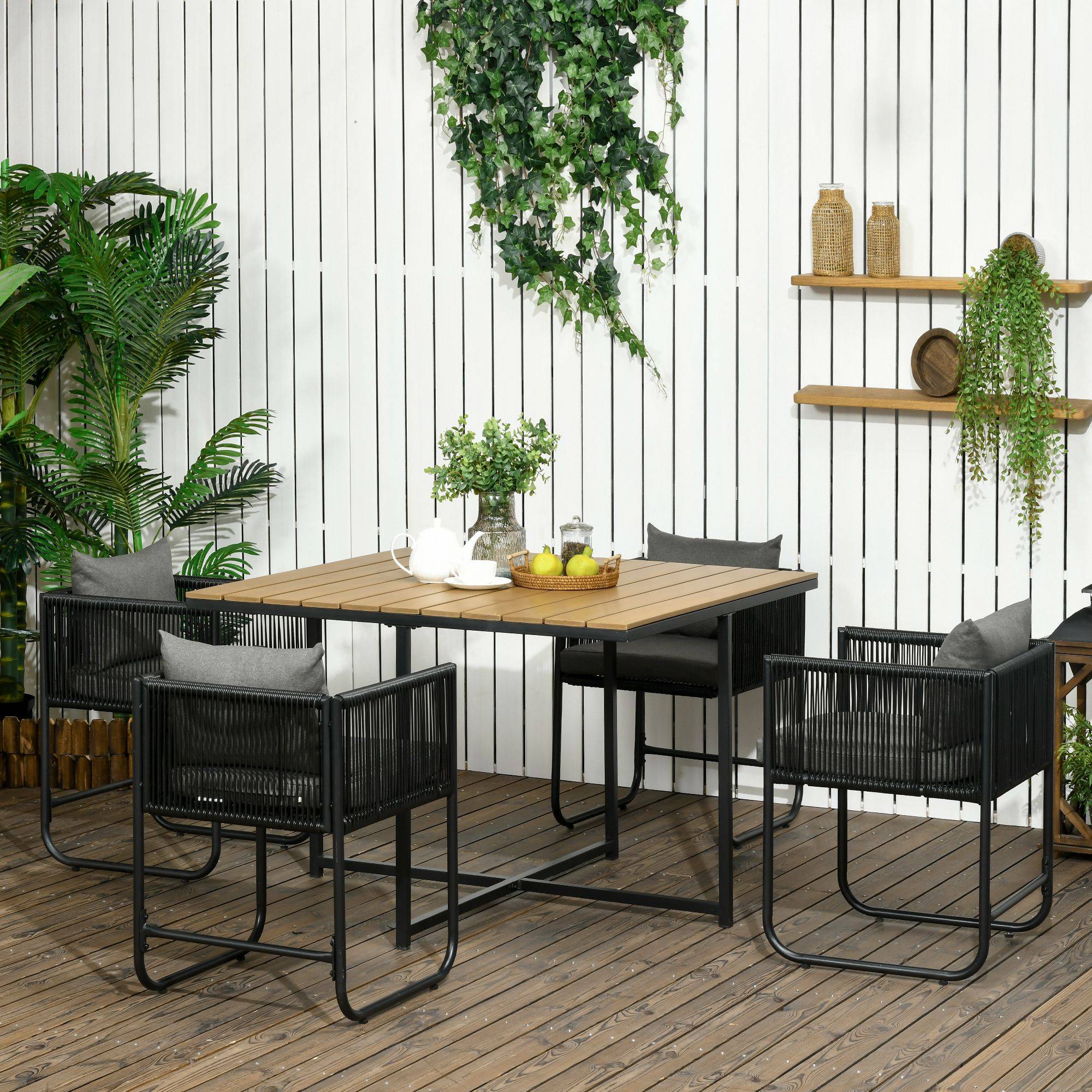 Outsunny - Ensemble jardin 5 pièces (1 table + 4 fauteuils) contemporain avec 8 coussins plateau composite aspect bois naturel - Outsunny - Image 2