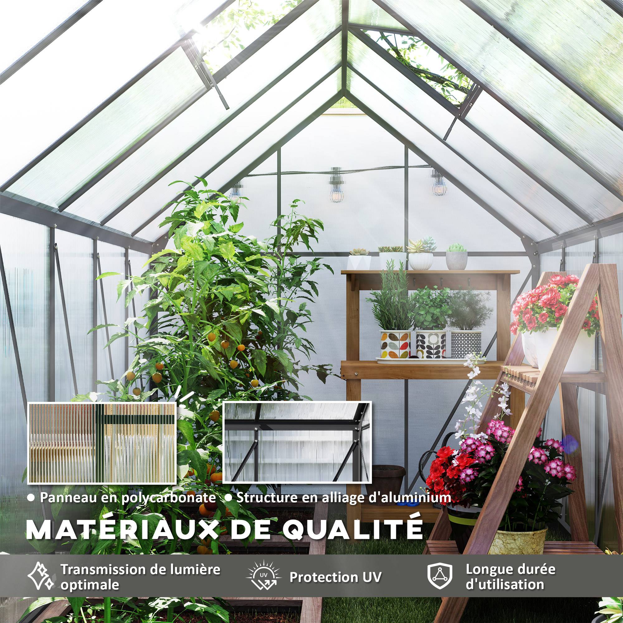 Serre de jardin aluminium polycarbonate extérieur culture optimale 190x375x199cm transparent - ComfortXL Outdoor Living - Image 6