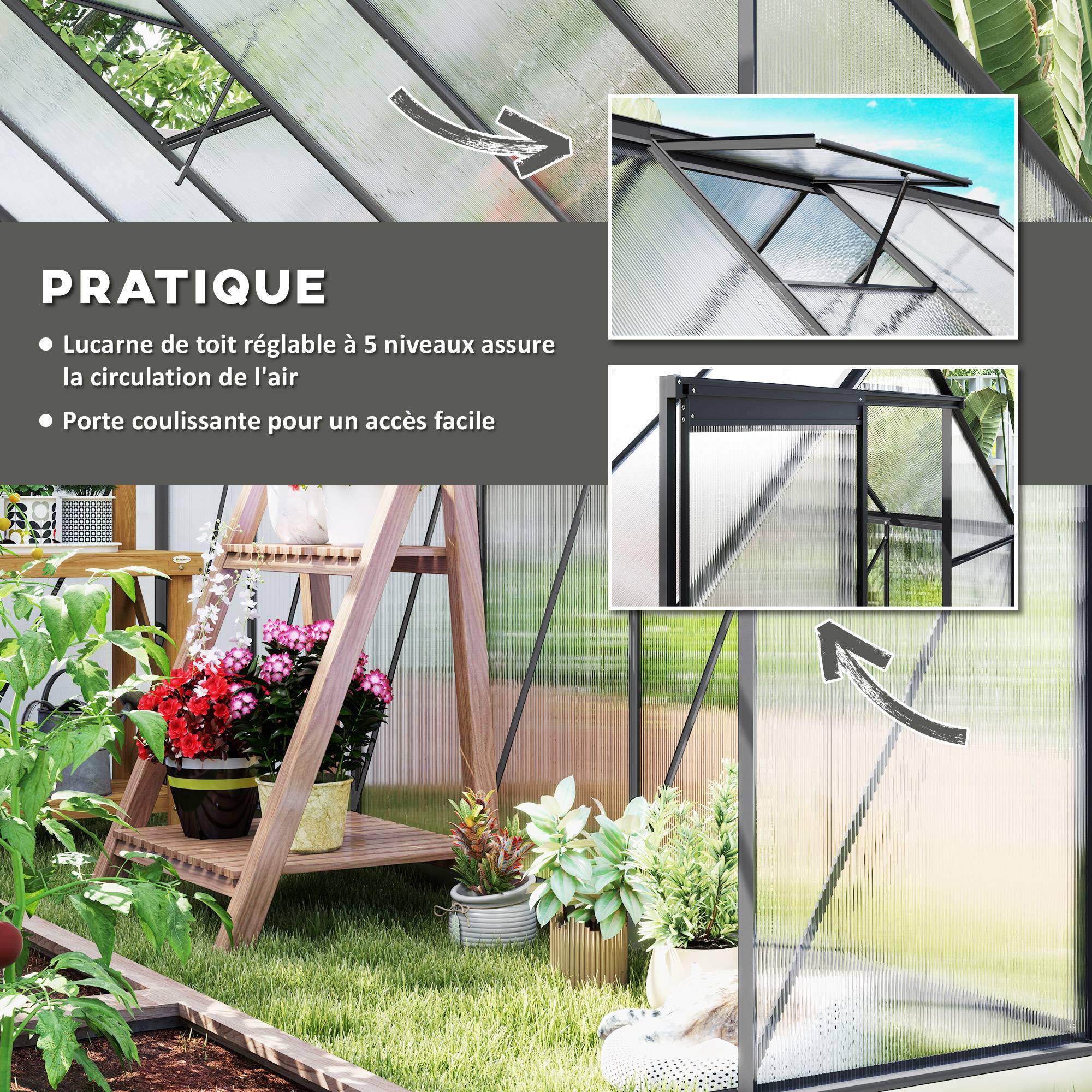 Serre de jardin aluminium polycarbonate extérieur culture optimale 190x375x199cm transparent - ComfortXL Outdoor Living - Image 7