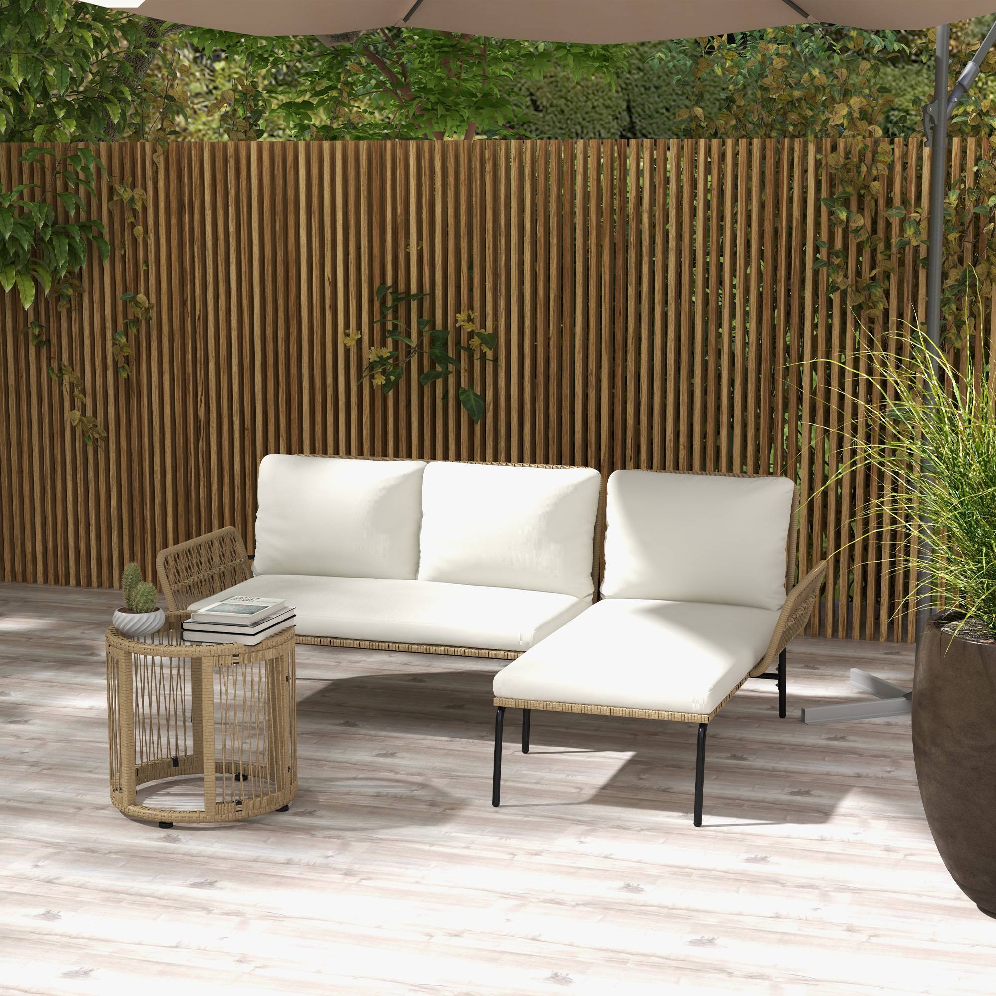 Set de mobilier de jardin 3 pièces avec transat, canapé 2 places et table Rattan Crème - PANGIVO - Image 2