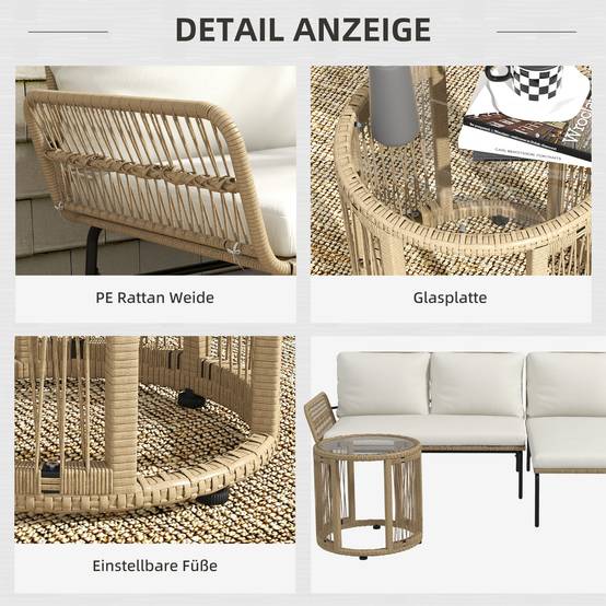 Set de mobilier de jardin 3 pièces avec transat, canapé 2 places et table Rattan Crème - PANGIVO - Image 6