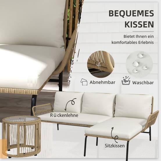 Set de mobilier de jardin 3 pièces avec transat, canapé 2 places et table Rattan Crème - PANGIVO - Image 5