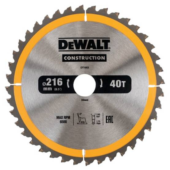 Lame scie circulaire stationnaire 216x30 mm 40 Dents Construction DEWALT - DT1953 - Image 1