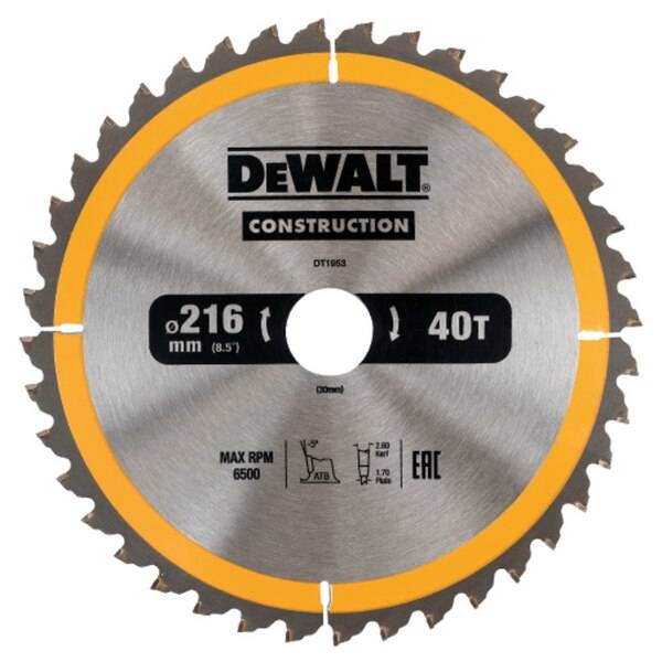 Lame scie circulaire stationnaire 216x30 mm 40 Dents Construction DEWALT - DT1953 - Image 1