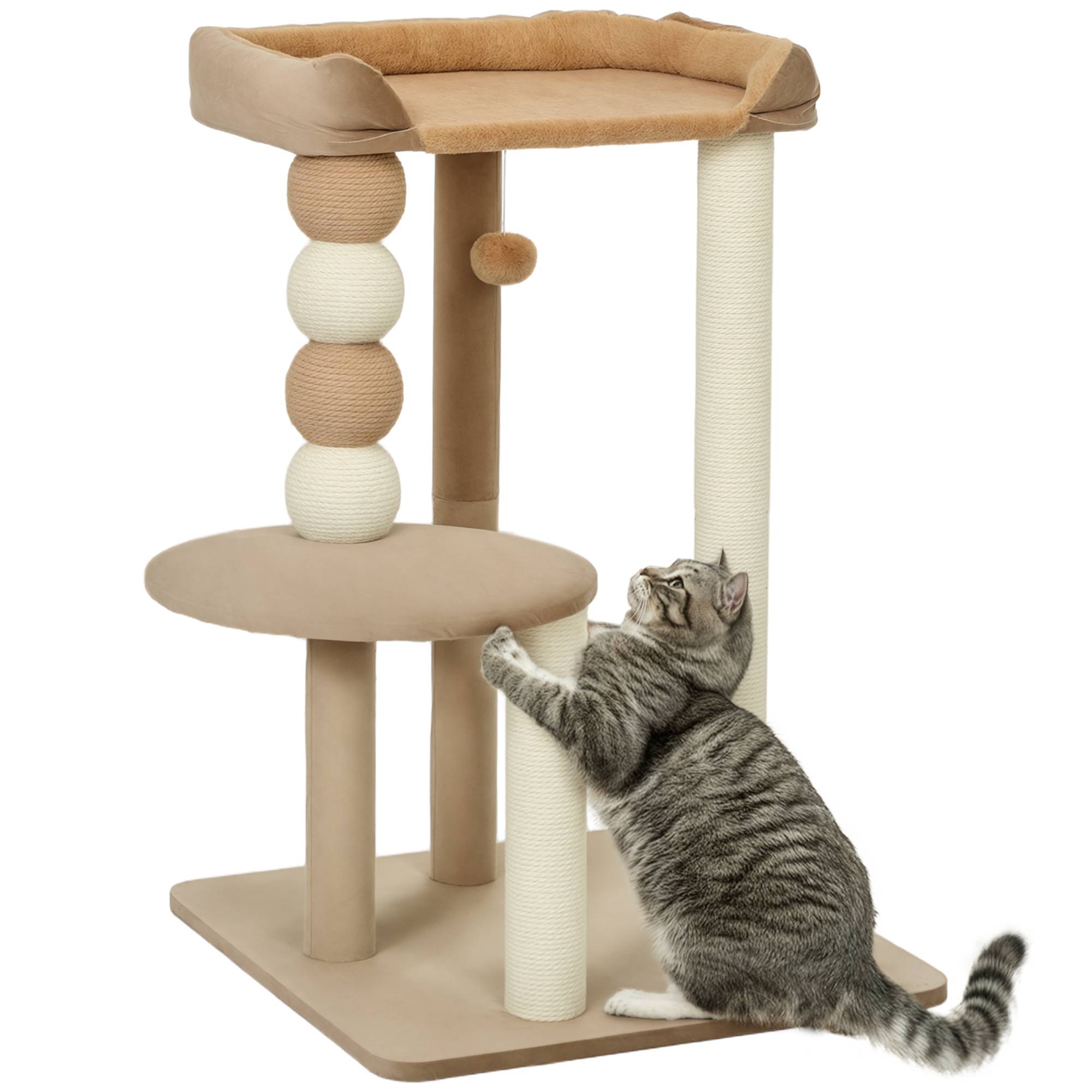 Arbre à chat bois peluche pour grand chat plateformes de repos 86cm marron - ComfortXL Outdoor Living - Image 1