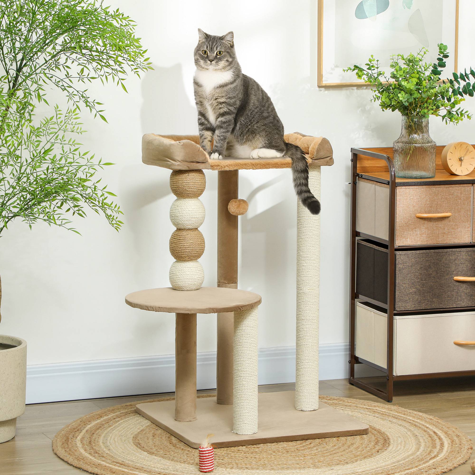 Arbre à chat bois peluche pour grand chat plateformes de repos 86cm marron - ComfortXL Outdoor Living - Image 3