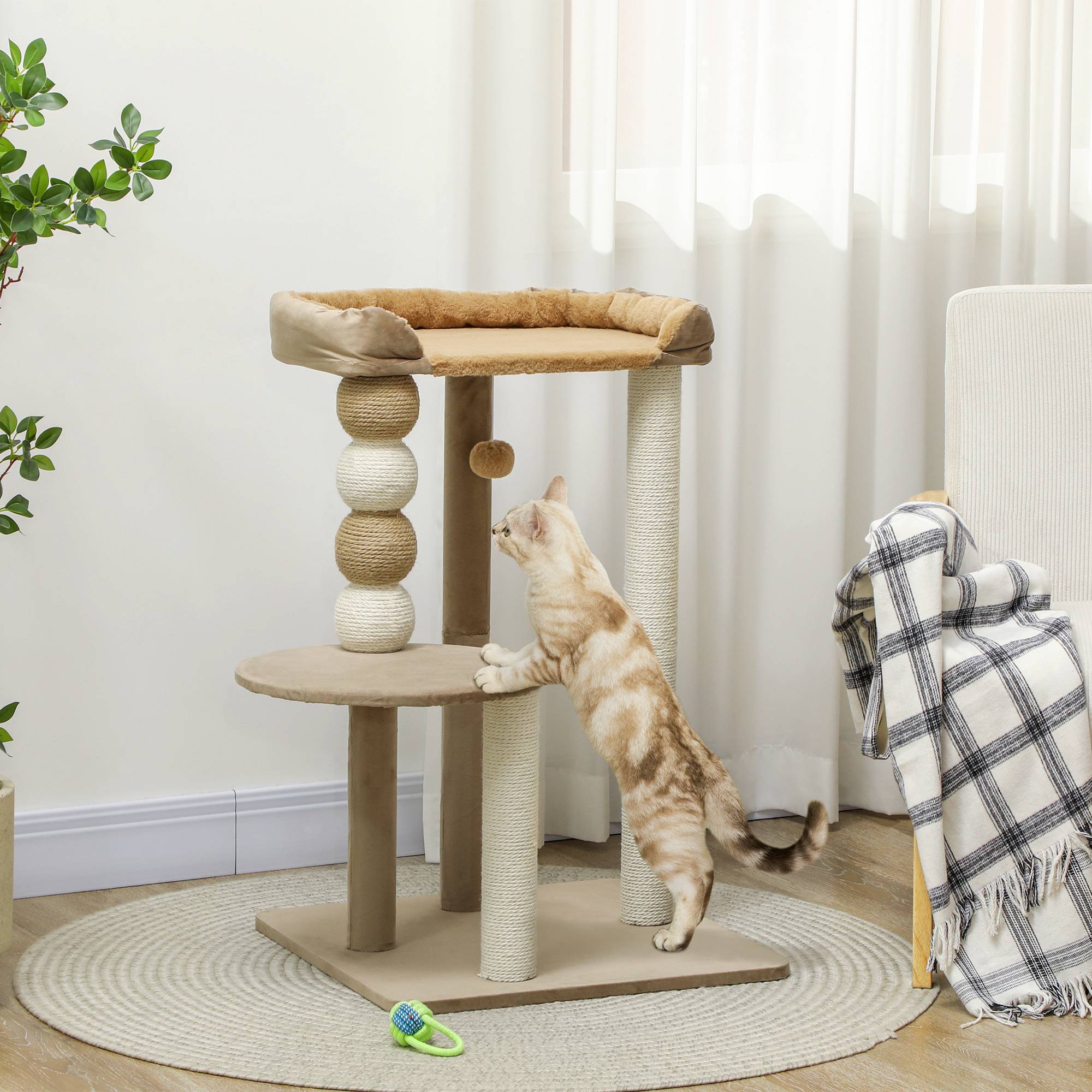 Arbre à chat bois peluche pour grand chat plateformes de repos 86cm marron - ComfortXL Outdoor Living - Image 4