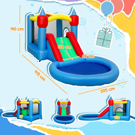 Château gonflable 4 en 1 avec toboggan, panier de basket, piscine à balles, souffleur 370W, 415 x 205 x 190 cm - Image 5