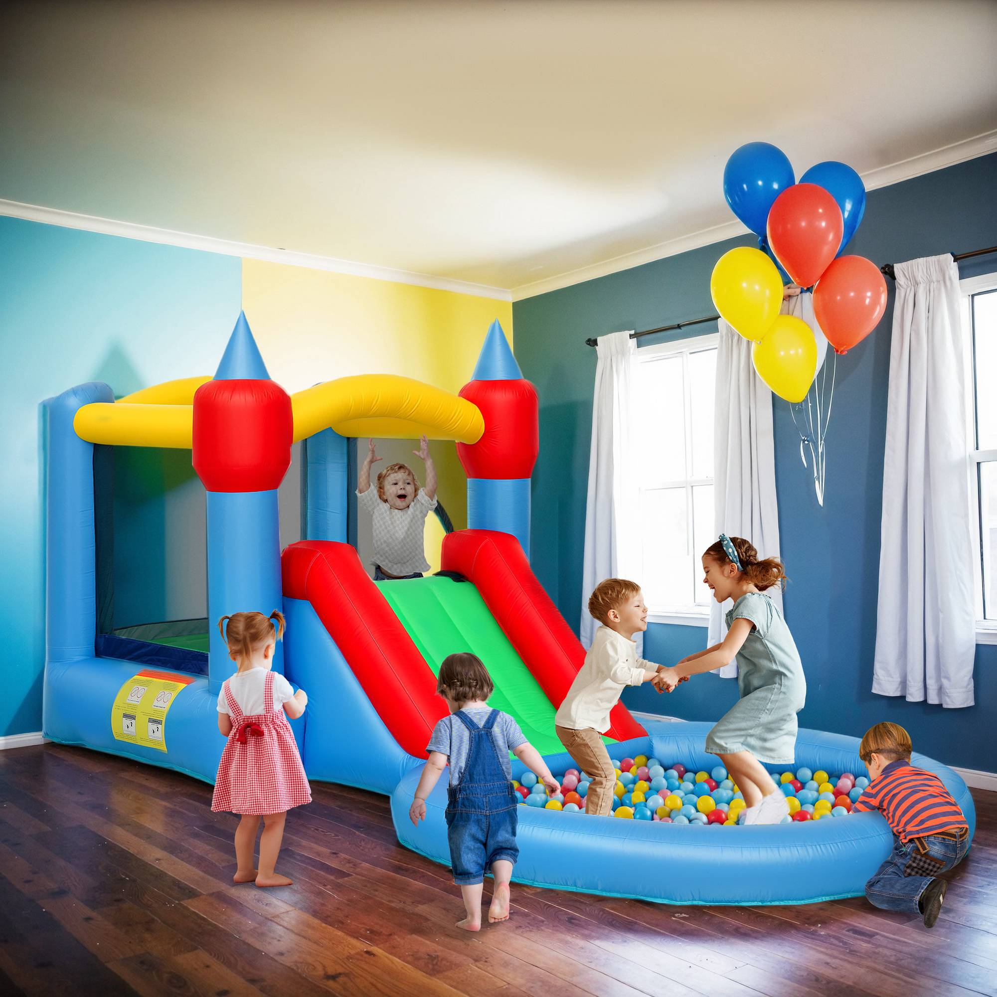 Château gonflable 4 en 1 avec toboggan, panier de basket, piscine à balles, souffleur 370W, 415 x 205 x 190 cm - Image 4