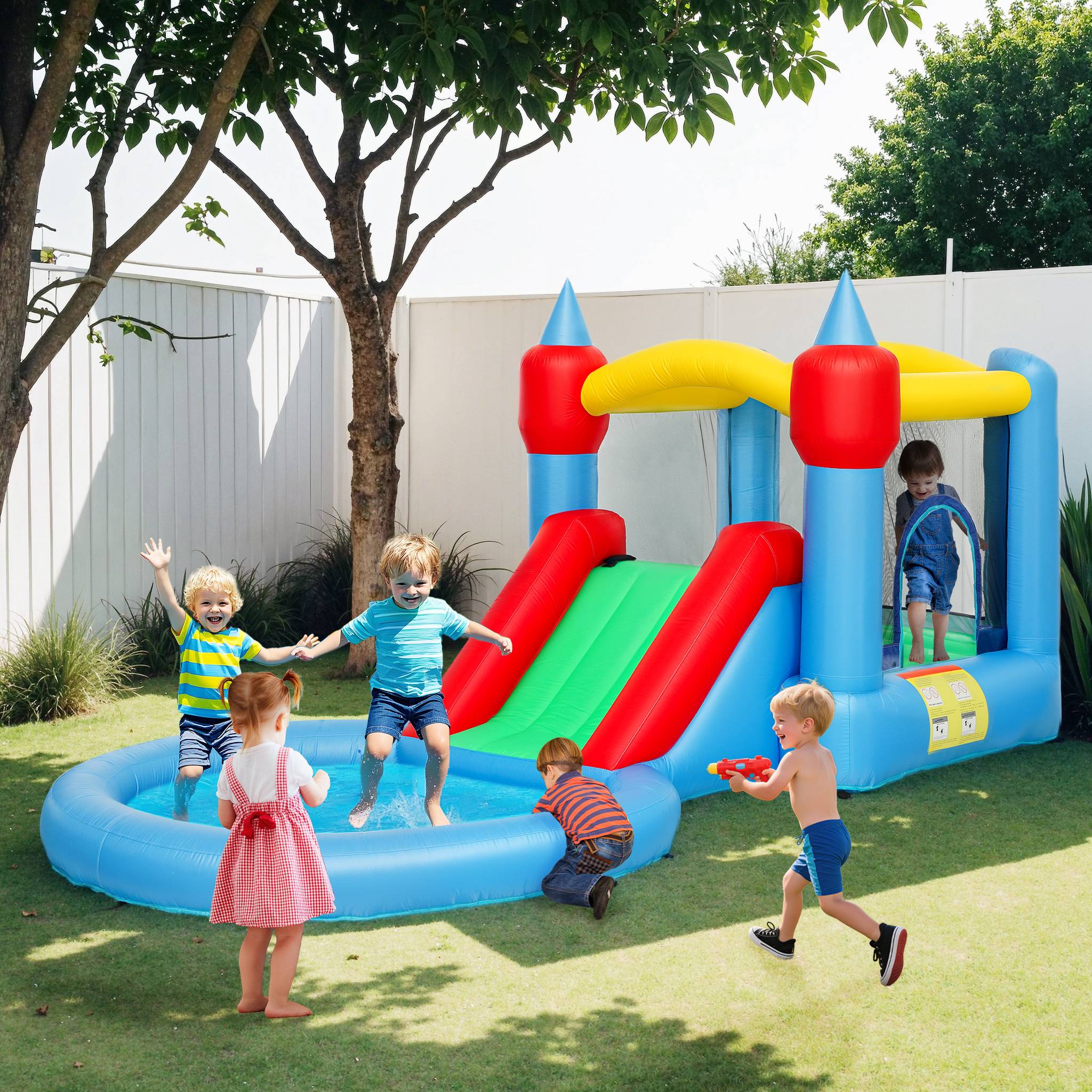 Château gonflable 4 en 1 avec toboggan, panier de basket, piscine à balles, souffleur 370W, 415 x 205 x 190 cm - Image 3