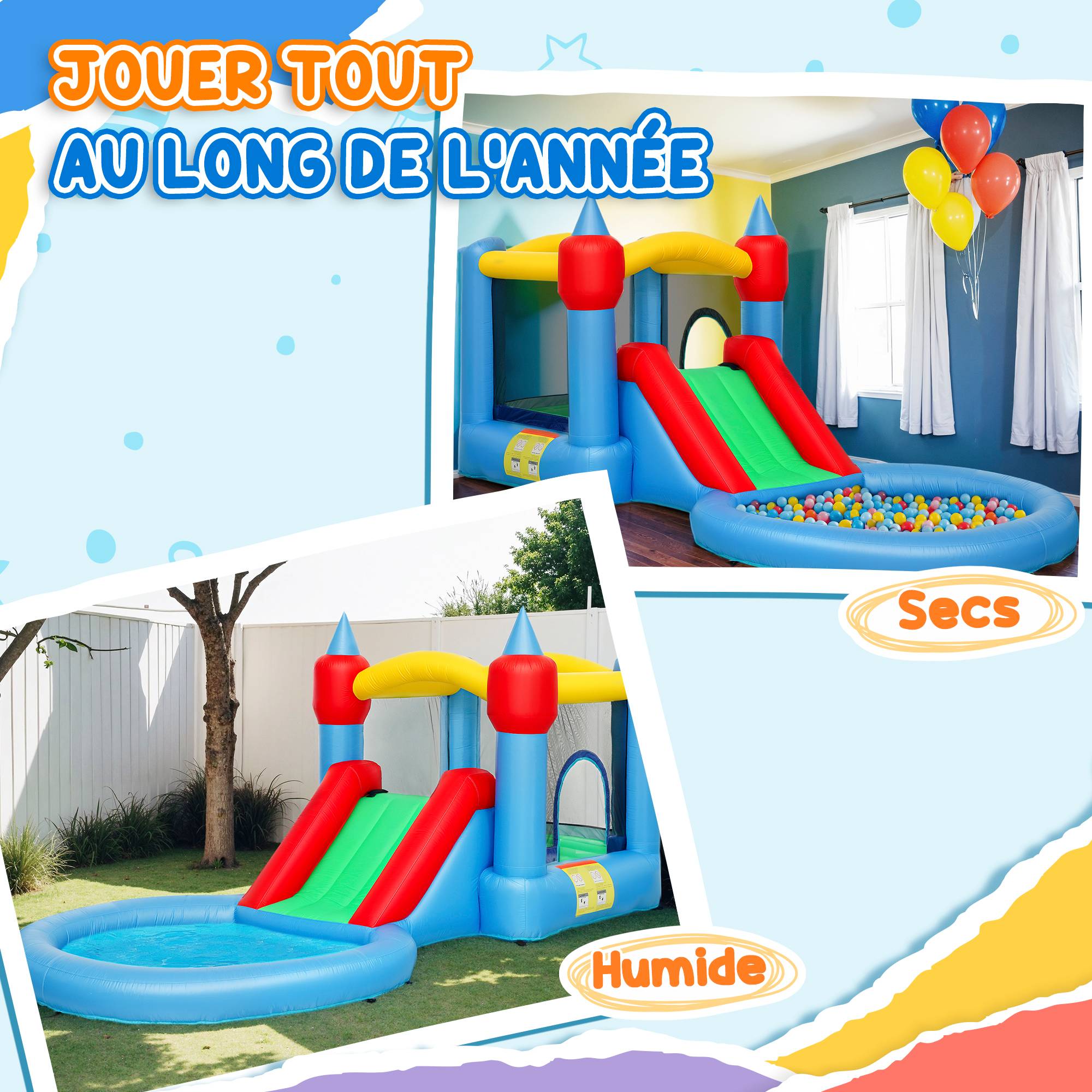 Château gonflable 4 en 1 avec toboggan, panier de basket, piscine à balles, souffleur 370W, 415 x 205 x 190 cm - Image 10