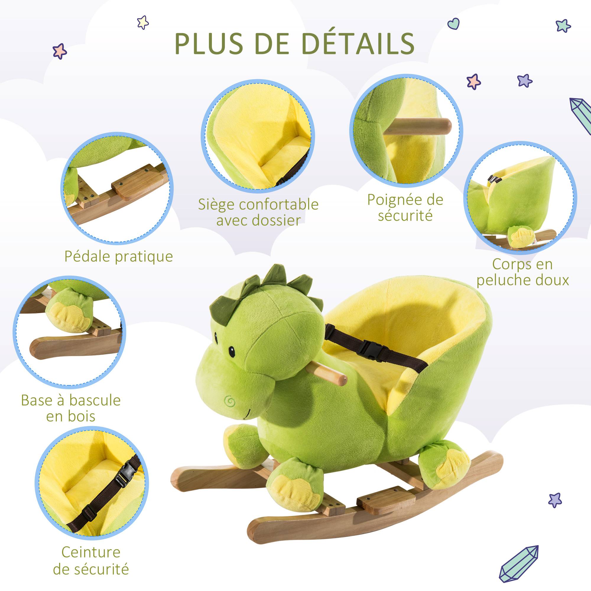 Jouet à Bascule Dinosaure Ceinture de sécurité Effet sonore 32 chansons pour enfants de 18+ Mois Bois Peluche Verte - Image 9