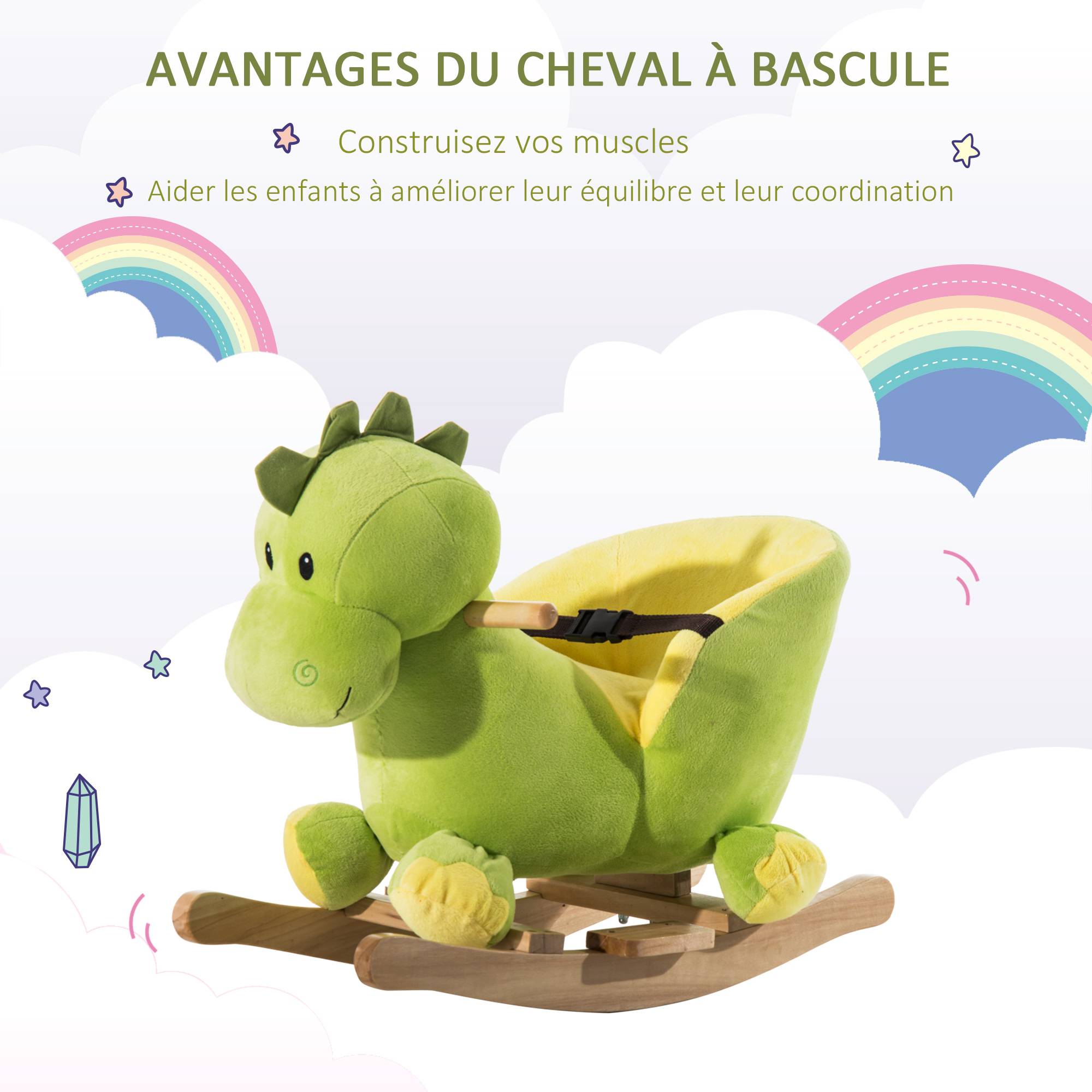 Jouet à Bascule Dinosaure Ceinture de sécurité Effet sonore 32 chansons pour enfants de 18+ Mois Bois Peluche Verte - Image 7
