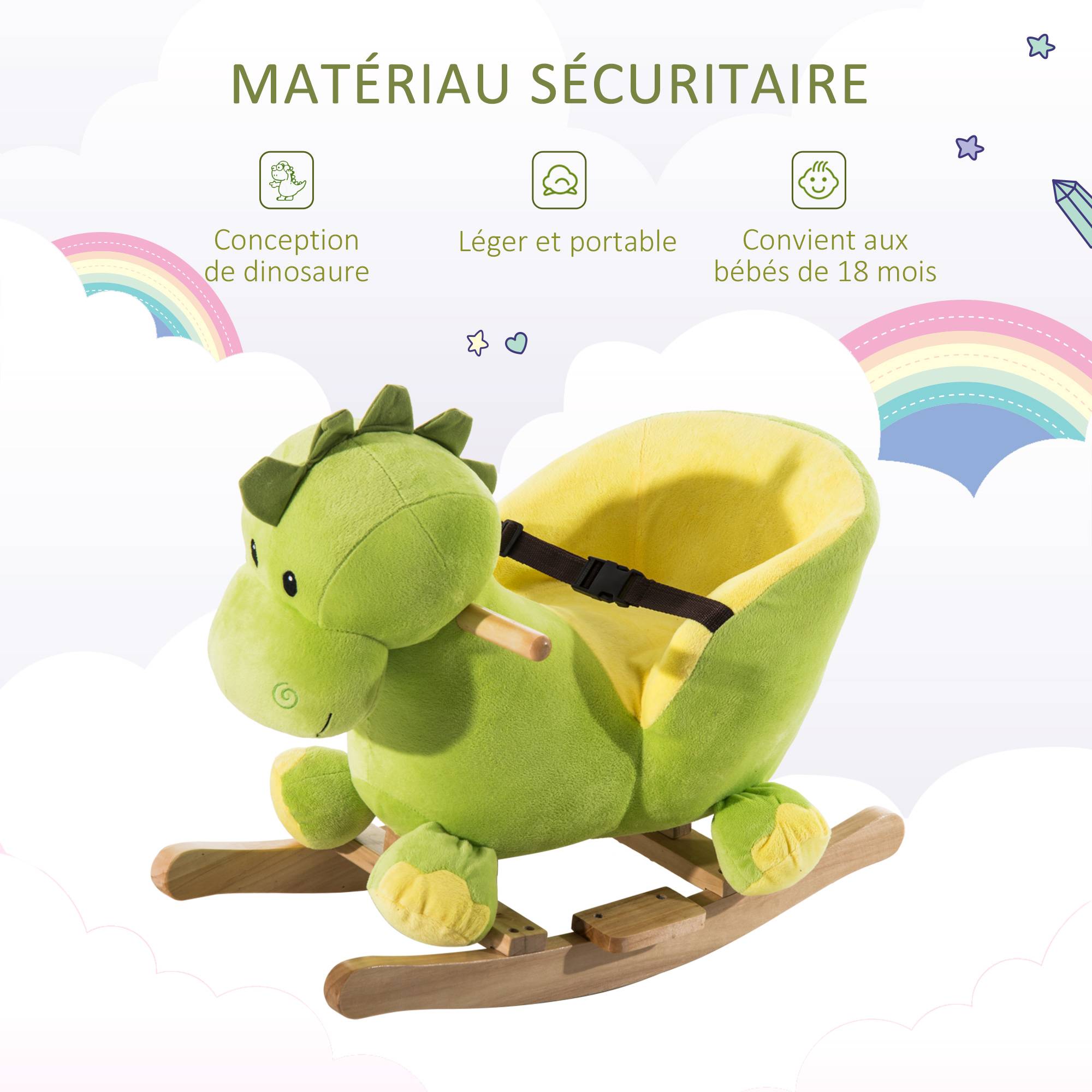 Jouet à Bascule Dinosaure Ceinture de sécurité Effet sonore 32 chansons pour enfants de 18+ Mois Bois Peluche Verte - Image 8