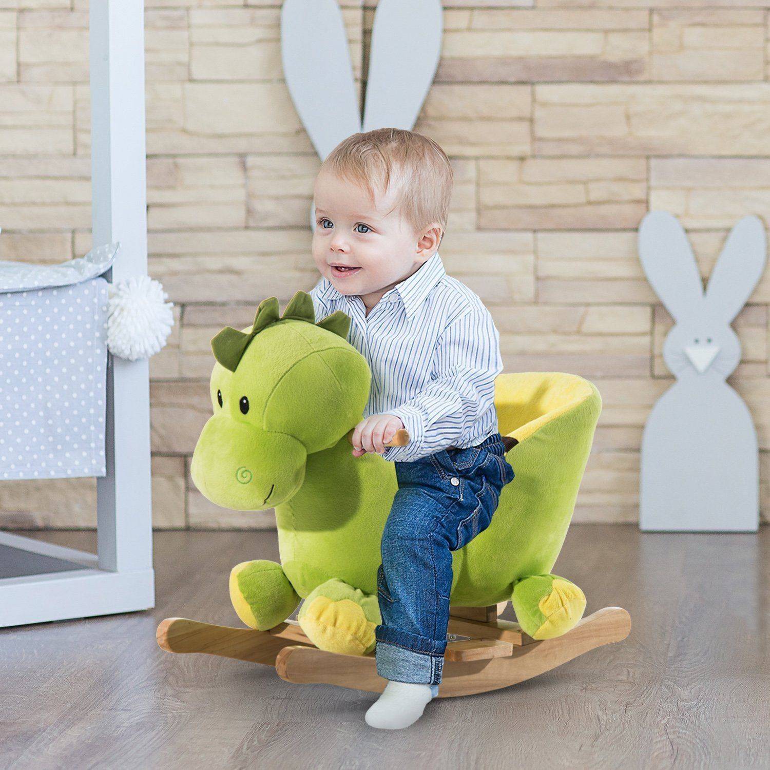 Jouet à Bascule Dinosaure Ceinture de sécurité Effet sonore 32 chansons pour enfants de 18+ Mois Bois Peluche Verte - Image 3