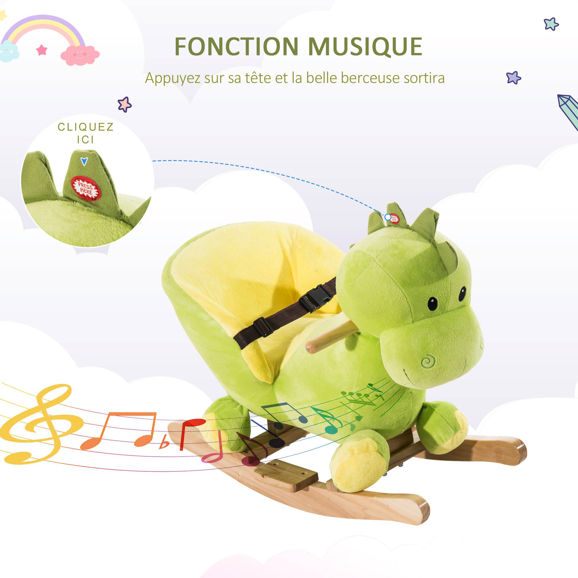 Jouet à Bascule Dinosaure Ceinture de sécurité Effet sonore 32 chansons pour enfants de 18+ Mois Bois Peluche Verte - Image 6