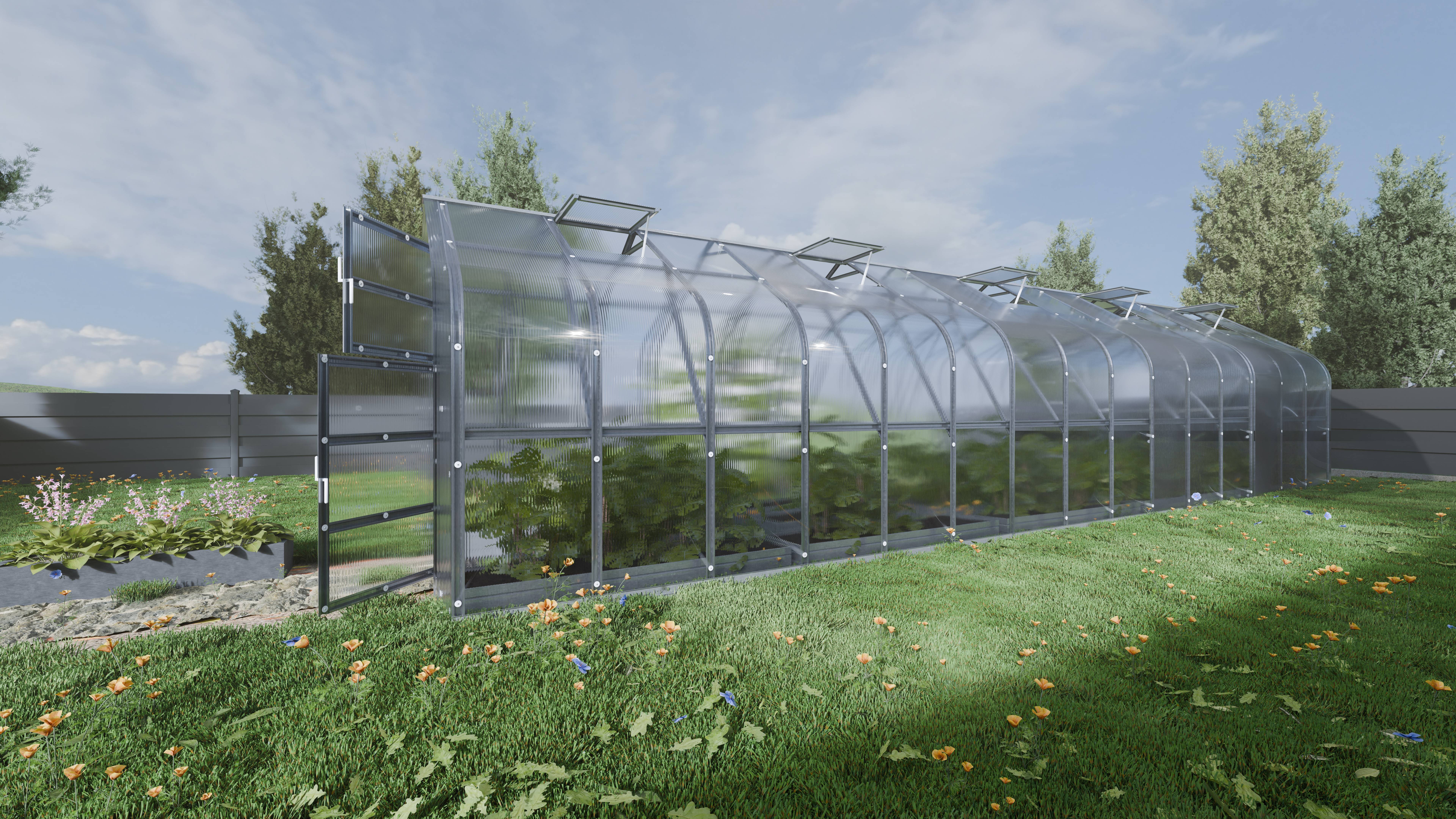 Serre KLASIKA Standard 30m2, 2,5m x 12m, 4 mm avec revêtement en polycarbonate (Avec 6 toits ouvrants automatiques) - Image 2