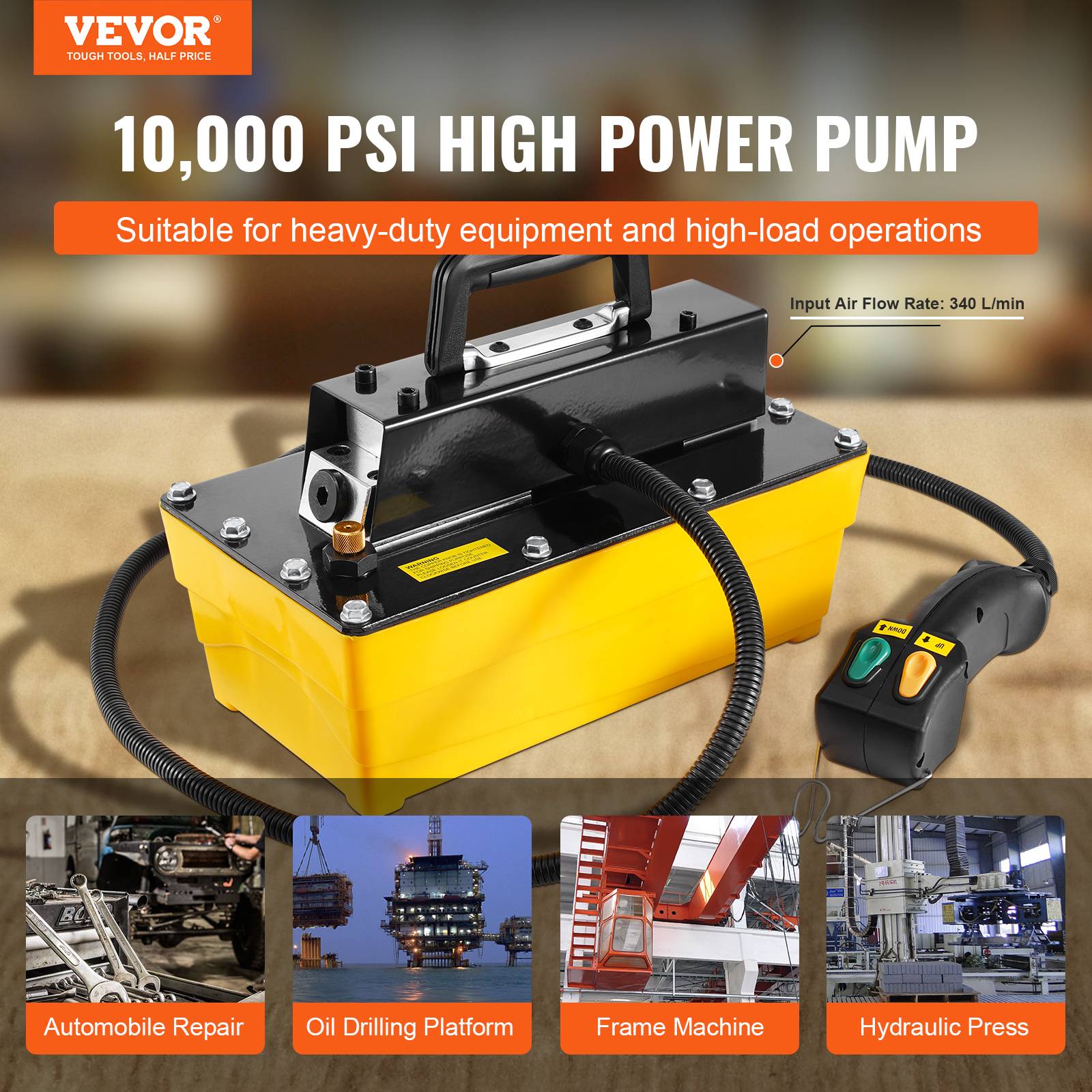 VEVOR Pompe hydraulique à air 10000 PSI avec télécommande, réservoir 2.3L, pour machines à châssis automobile. - Image 2
