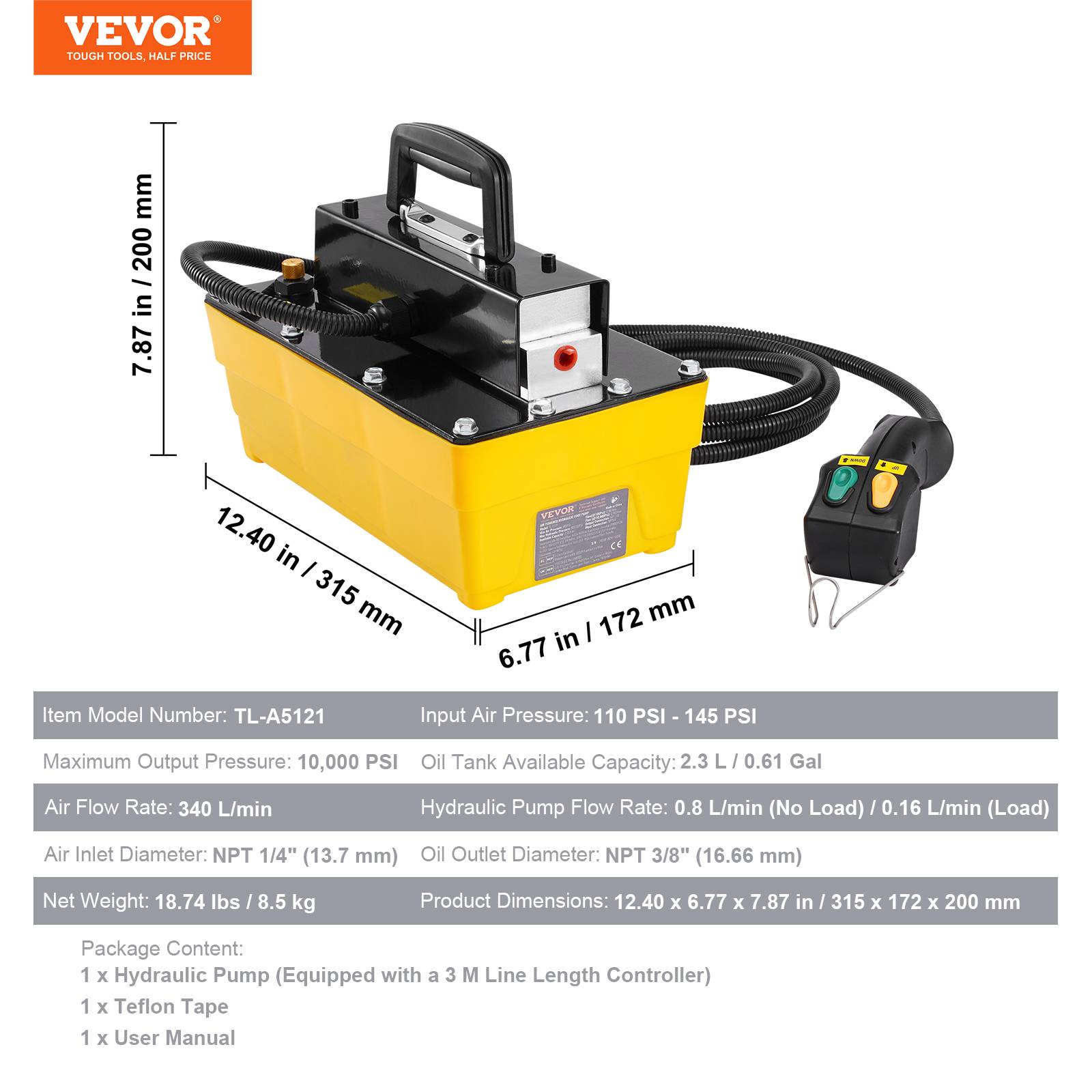 VEVOR Pompe hydraulique à air 10000 PSI avec télécommande, réservoir 2.3L, pour machines à châssis automobile. - Image 7