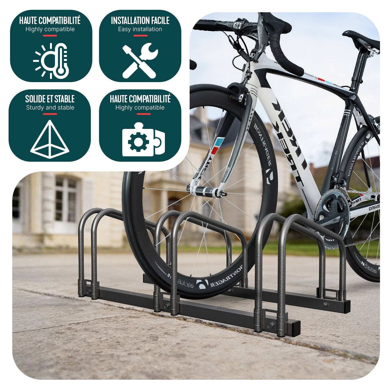 Râtelier range vélos - Support pour 3 vélos - Mural ou au sol - Porte-vélo en acier revêtu noir - VOUNOT® - Image 7