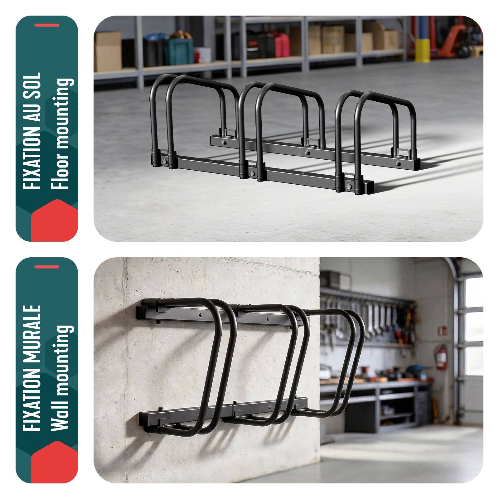 Râtelier range vélos - Support pour 3 vélos - Mural ou au sol - Porte-vélo en acier revêtu noir - VOUNOT® - Image 4