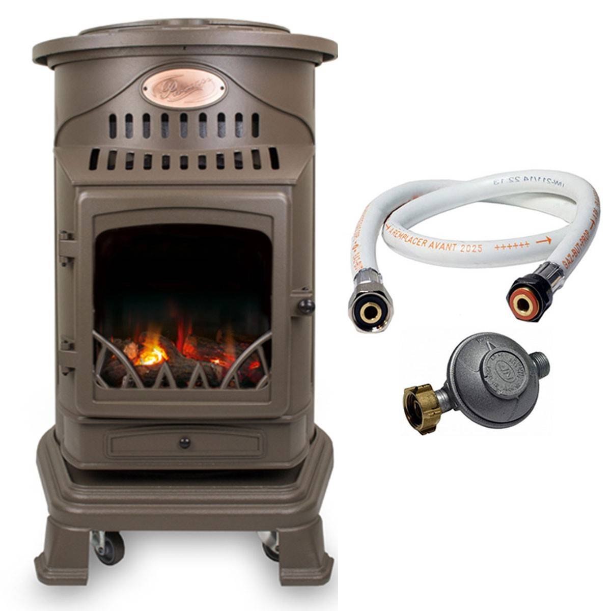 Universal - Poele à gaz 3,4KW Fonte véritable Provence Marron miel + Tuyau gaz + Detendeur gaz butane UNIVERSAL - Image 1