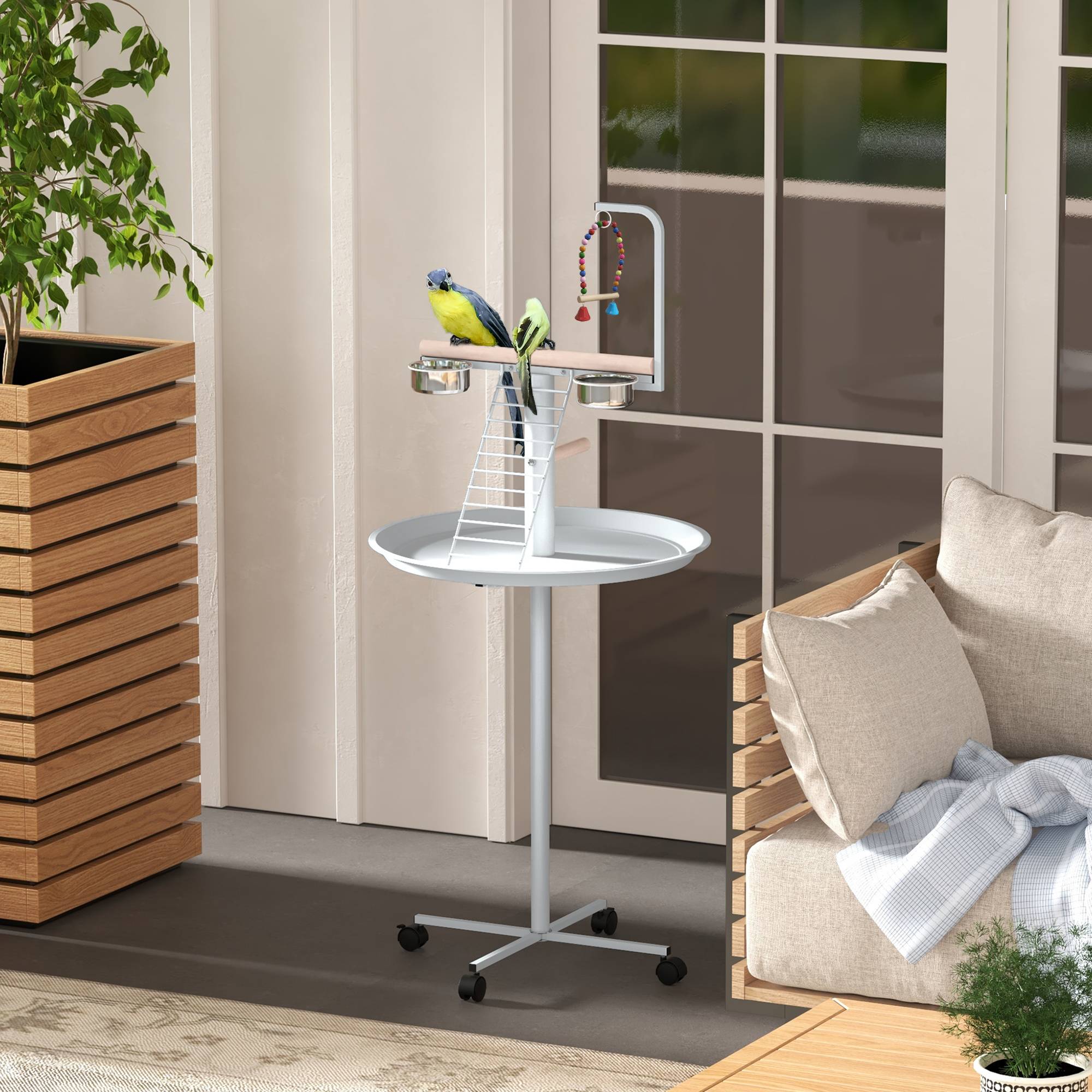 Sans Marque - Mangeoire à oiseaux sur pied avec 4 roulettes perchoir 2 bols amovibles plateau rond acier inoxydable Ø 60 x 138H cm blanc - Image 4