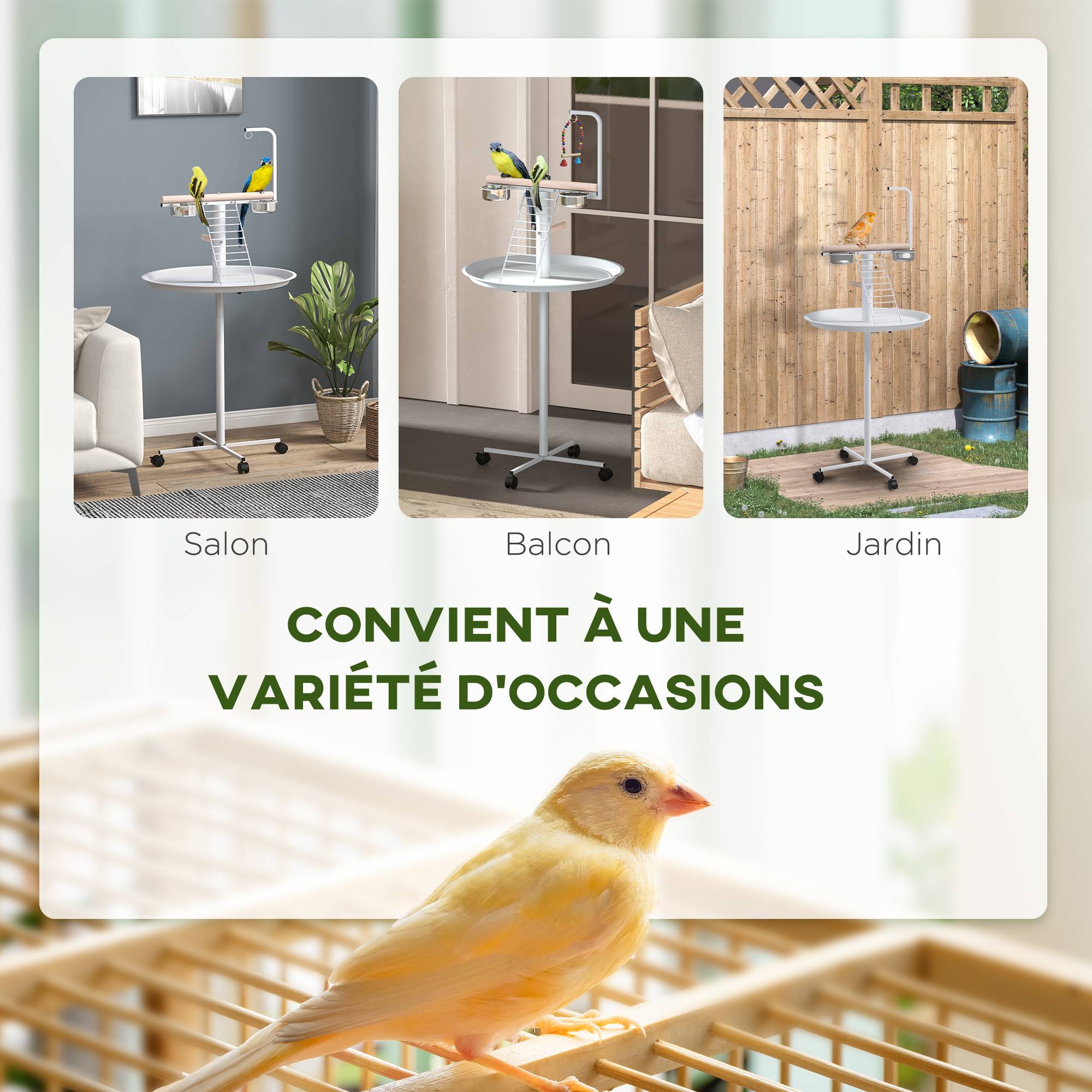 Sans Marque - Mangeoire à oiseaux sur pied avec 4 roulettes perchoir 2 bols amovibles plateau rond acier inoxydable Ø 60 x 138H cm blanc - Image 6