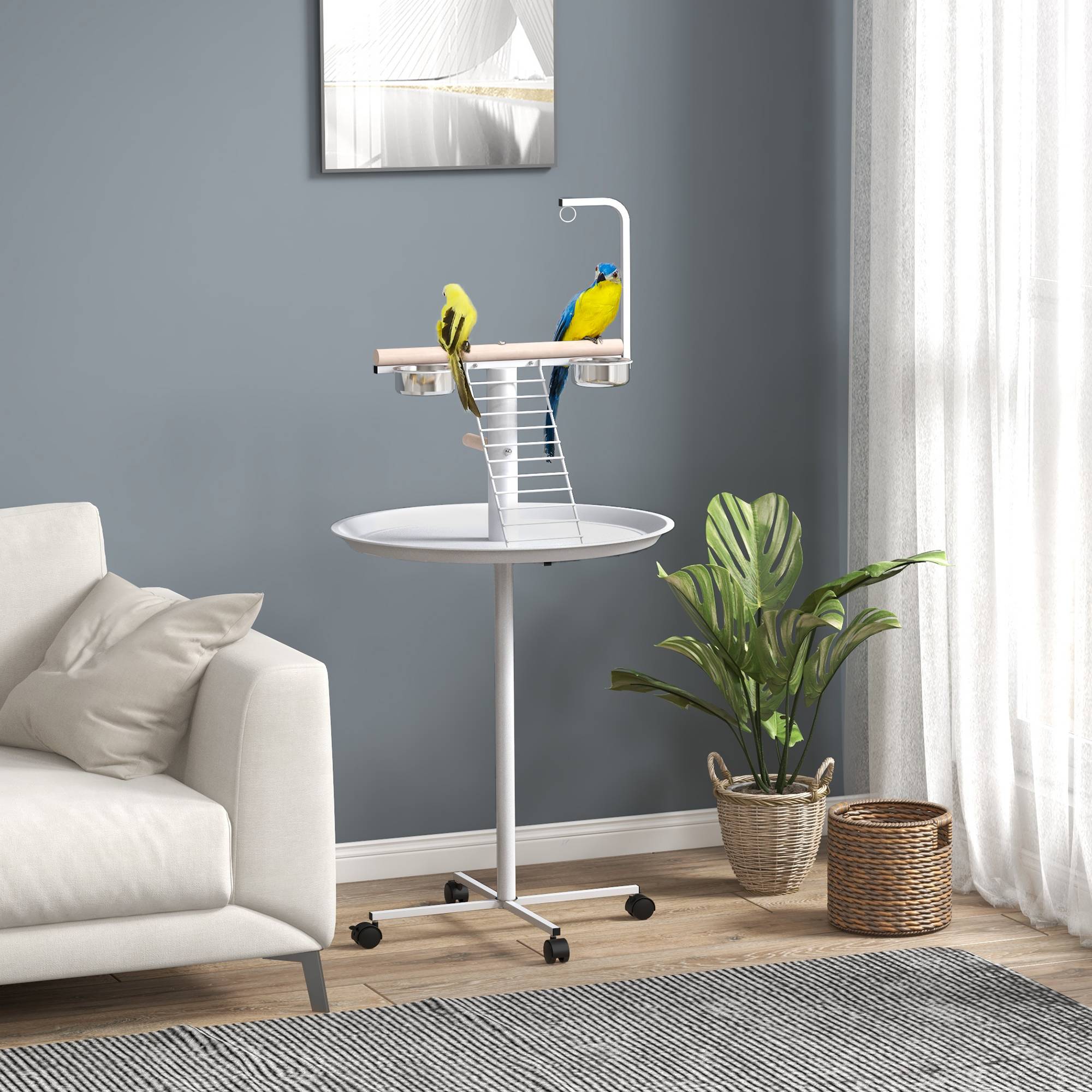 Sans Marque - Mangeoire à oiseaux sur pied avec 4 roulettes perchoir 2 bols amovibles plateau rond acier inoxydable Ø 60 x 138H cm blanc - Image 3