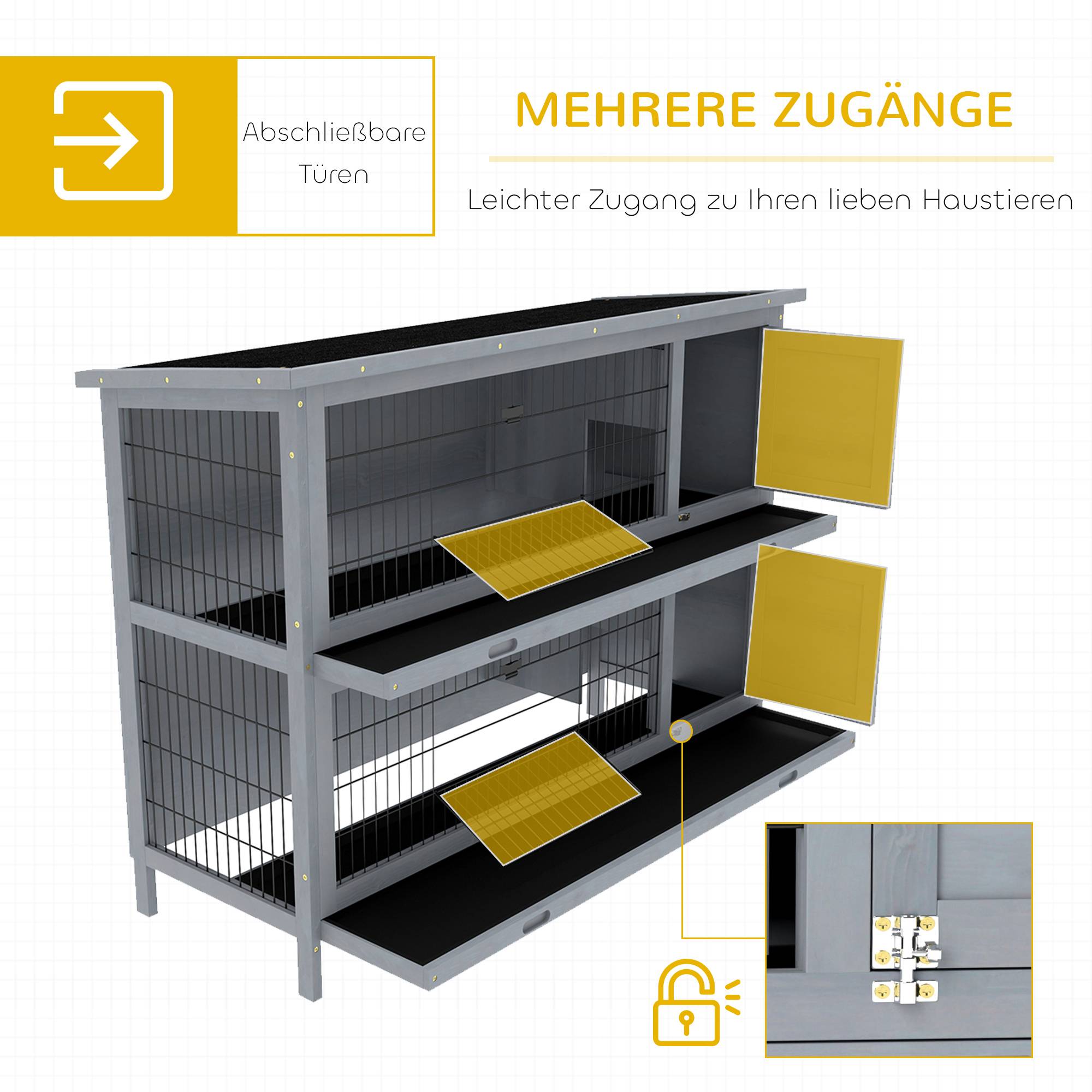 Cage lapins bois 2 étages, toit bitume, bac, portes petits animaux, 136,4 x 50 x 93 cm, gris - Image 7