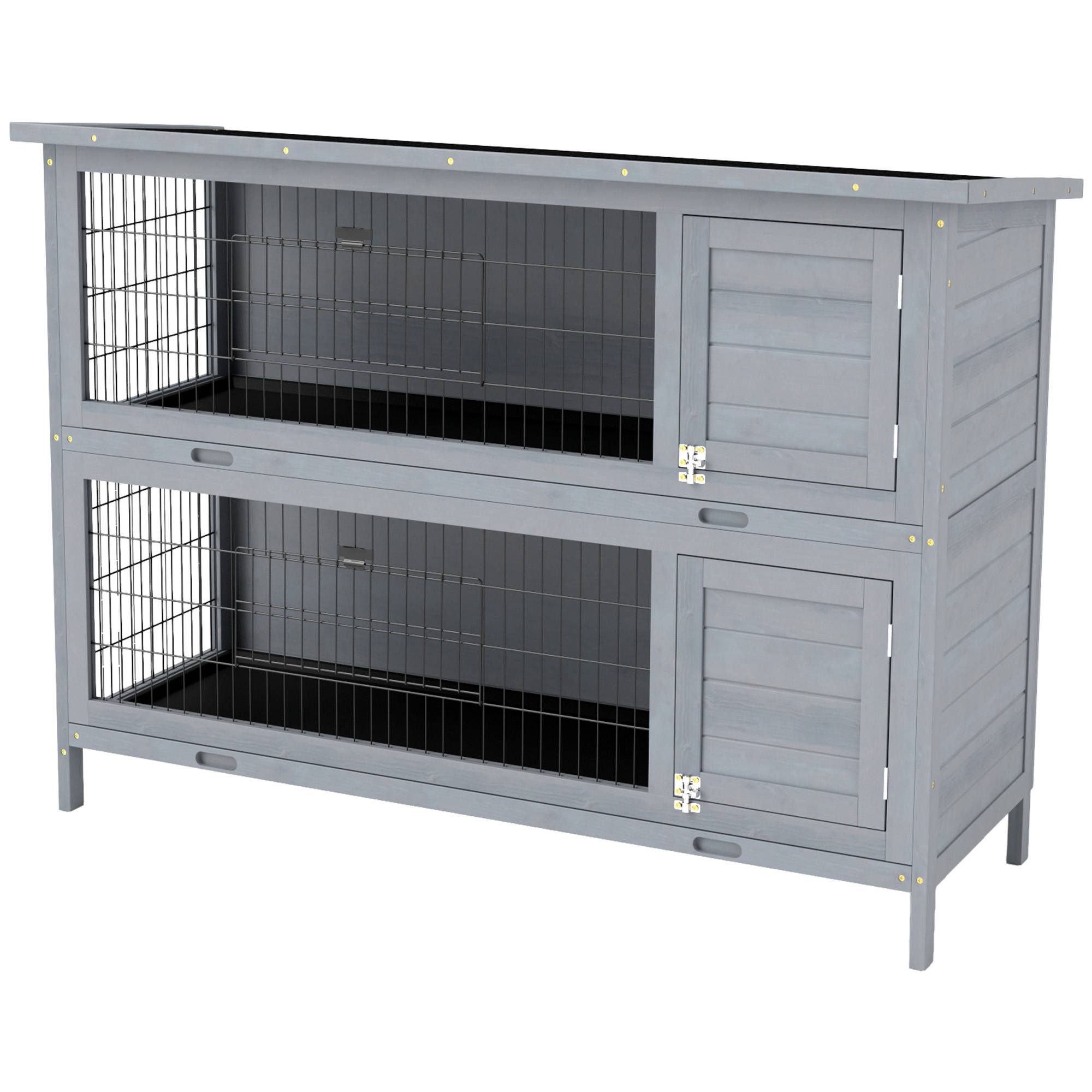 Cage lapins bois 2 étages, toit bitume, bac, portes petits animaux, 136,4 x 50 x 93 cm, gris - Image 2