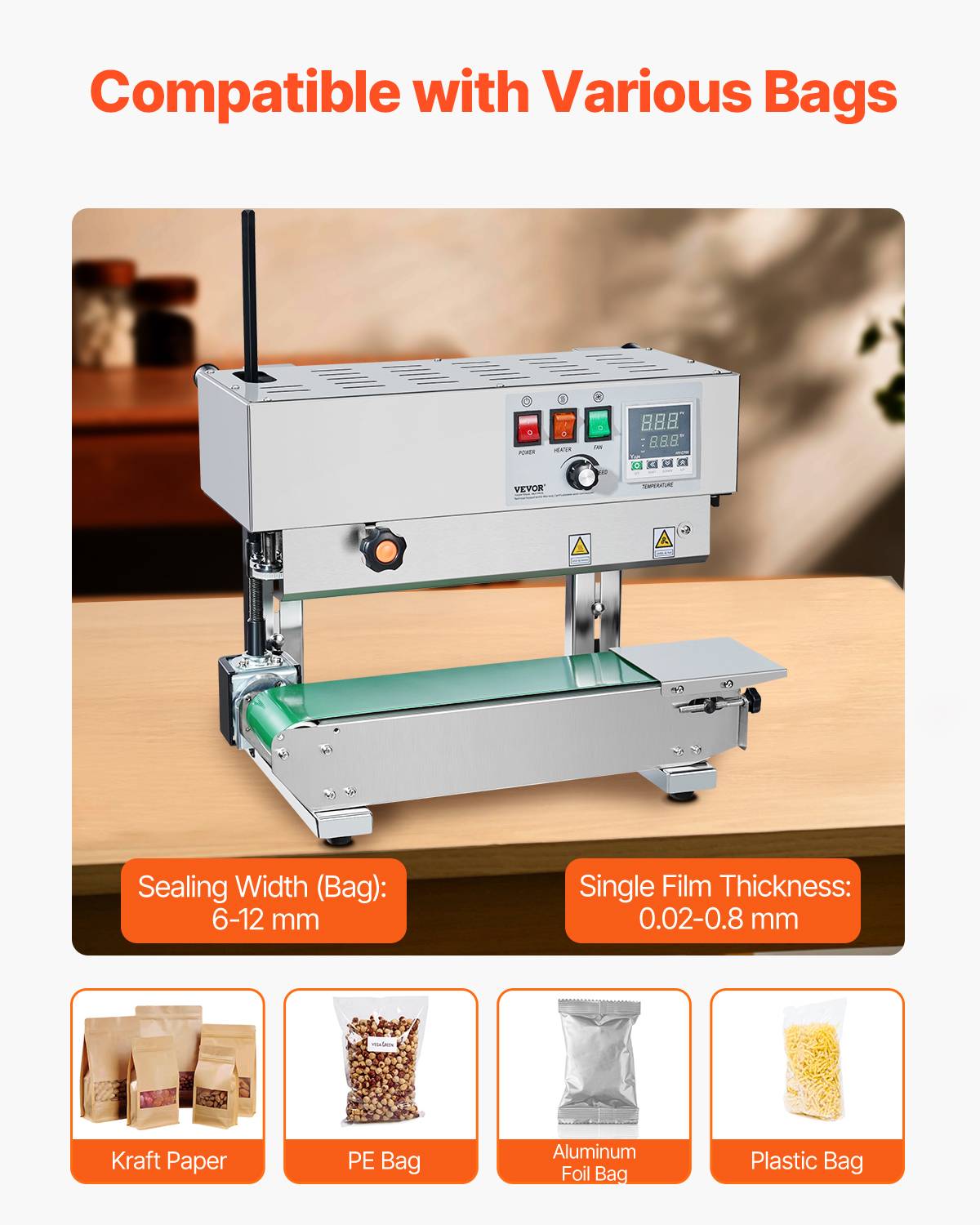 VEVOR Machine scellage sacs continu, scellage 6-12 mm, acier inox, contrôle température, pour films plastique. - Image 3